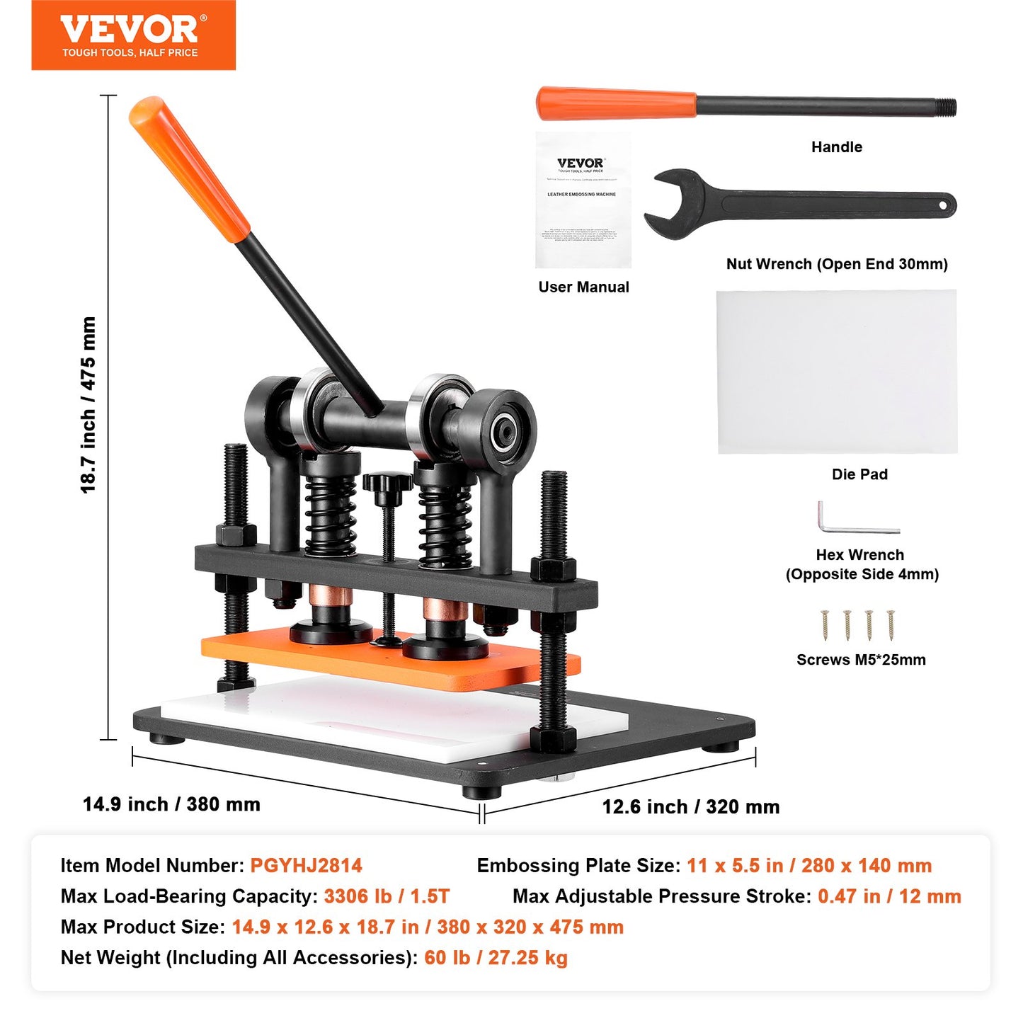 Leather Cutting Machine, 11 x 5.5 Inch Embossing Plate Manual Puncher, 0.47 Inch Pressure Impact Leather Embossing Machine, Double Guide Shaft Punching Machine for Various Materials