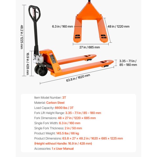 Palltruck, 3T lastkapacitet, manuell palltruck med gafflar 122L x 68,6W cm för materialhantering, lyfthöjd 85-180 mm, lämplig för lager, stormarknad, tillverkning | EU