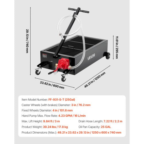 lågprofils oljetråg, 94,6 l kapacitet, rullande oljetråg med manuell pump, 2,2 m slang och vikbart T-handtag, läckagesäker och korrosionsbeständig, lämplig för bilar, stadsjeepar, lastbilar, fyrhjulingar, svart | EU
