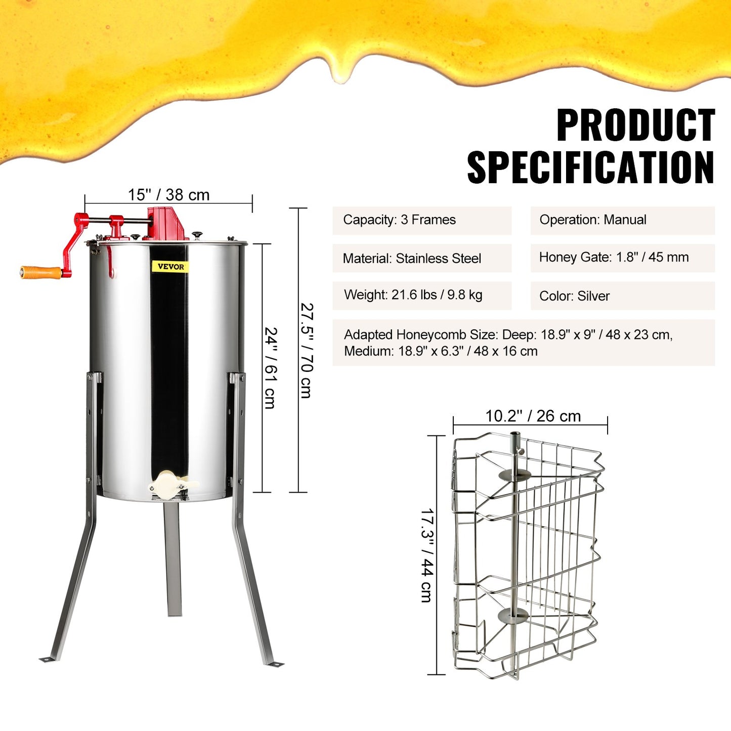 Honey extractor manual honey extractor 3 frames honey spinner extractor beekeeping extraction stainless steel honeycomb drum spinner with lid