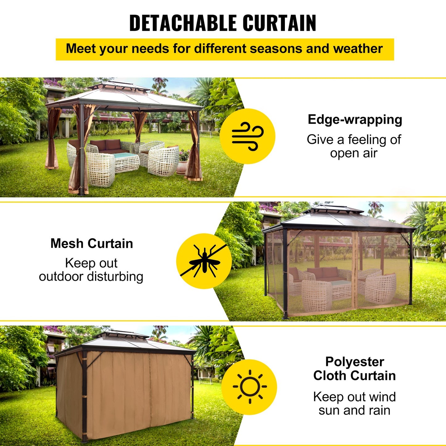 Terrassenpavillon, 3,0 x 3,6 m, Hardtop-Pavillon, Pavillon mit Moskitonetz, Außenpavillon, Terrassenzelt, Gartenmarkisen, Ersatzdach, Doppeldach-Pavillon für Terrassen, Garten, Haus, Rasen, Braun