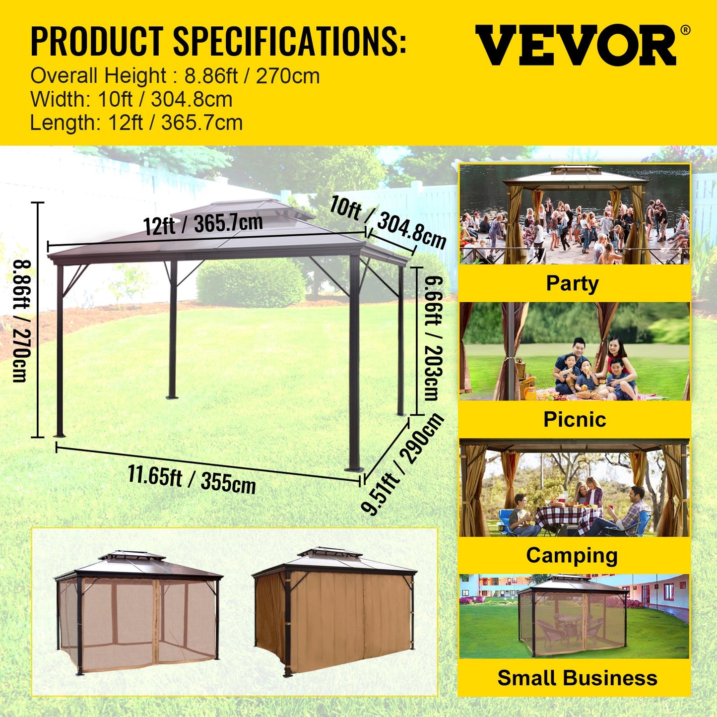 Terrassenpavillon, 3,0 x 3,6 m, Hardtop-Pavillon, Pavillon mit Moskitonetz, Außenpavillon, Terrassenzelt, Gartenmarkisen, Ersatzdach, Doppeldach-Pavillon für Terrassen, Garten, Haus, Rasen, Braun