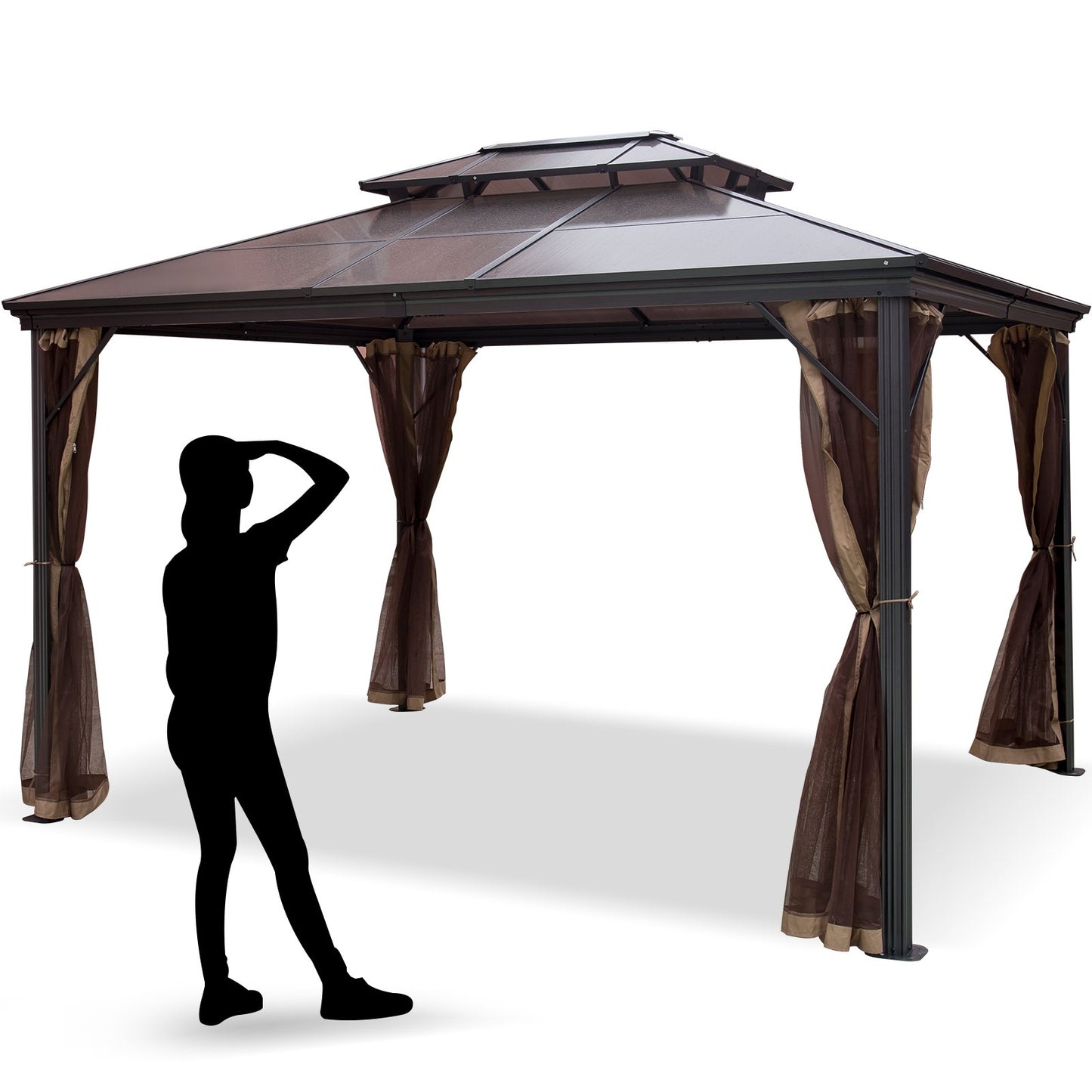 Terrassenpavillon, 3,0 x 3,6 m, Hardtop-Pavillon, Pavillon mit Moskitonetz, Außenpavillon, Terrassenzelt, Gartenmarkisen, Ersatzdach, Doppeldach-Pavillon für Terrassen, Garten, Haus, Rasen, Braun