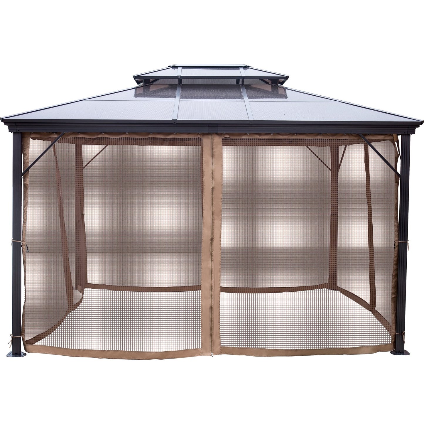 Terrassenpavillon, 3,0 x 3,6 m, Hardtop-Pavillon, Pavillon mit Moskitonetz, Außenpavillon, Terrassenzelt, Gartenmarkisen, Ersatzdach, Doppeldach-Pavillon für Terrassen, Garten, Haus, Rasen, Braun
