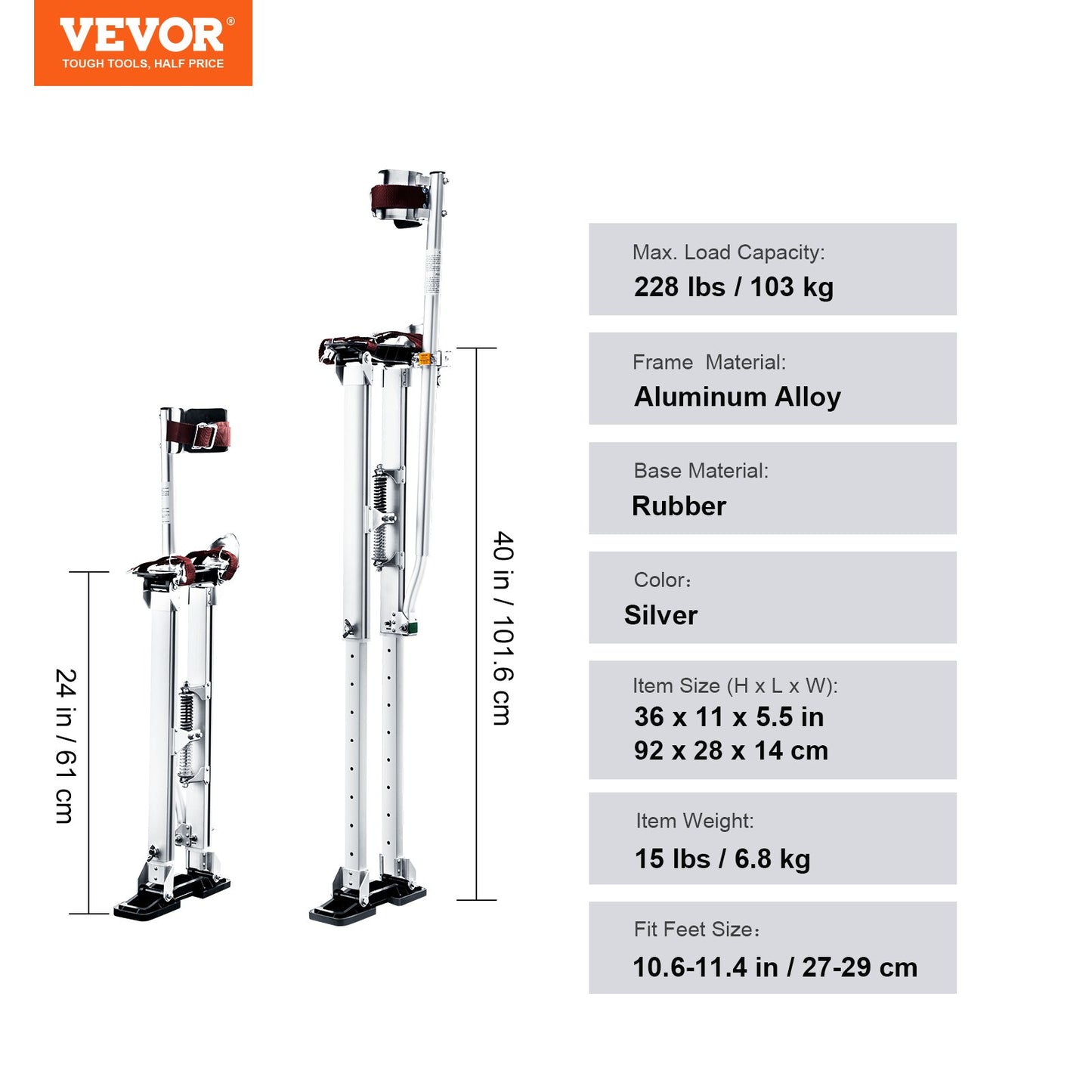 Gips styltor, 24''-40'' justerbara verktygsstyltar i aluminium med skyddande knäskydd, hållbara och halkfria arbetsstyltor för plåtmålning, promenader, tejpning, silver