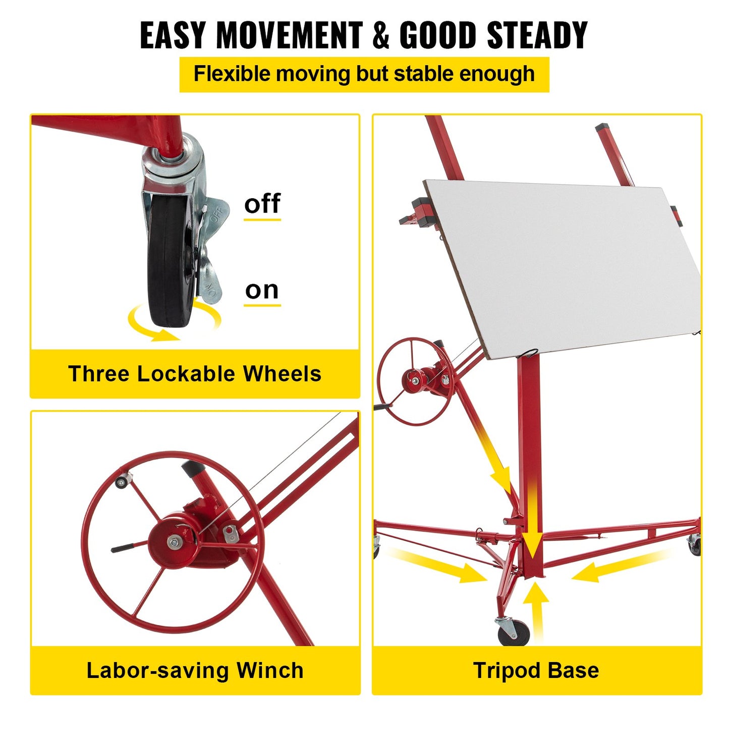 Drywall Rolling Lifter Panel, 11ft Sheetrock Lift Drywall Lift, 150lb Weight Capacity Panel Elevator Jack Tool, Steel Material with Telescopic Arm and 3 Lockable Wheels, 48x192 in Drywall Size
