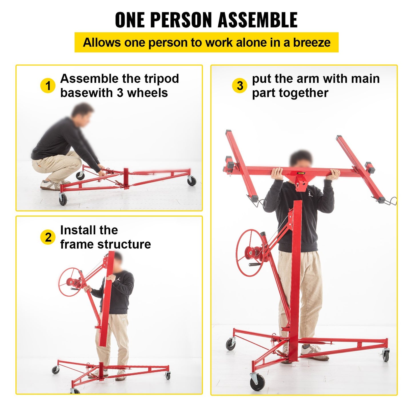 Drywall Rolling Lifter Panel, 11ft Sheetrock Lift Drywall Lift, 150lb Weight Capacity Panel Elevator Jack Tool, Steel Material with Telescopic Arm and 3 Lockable Wheels, 48x192 in Drywall Size