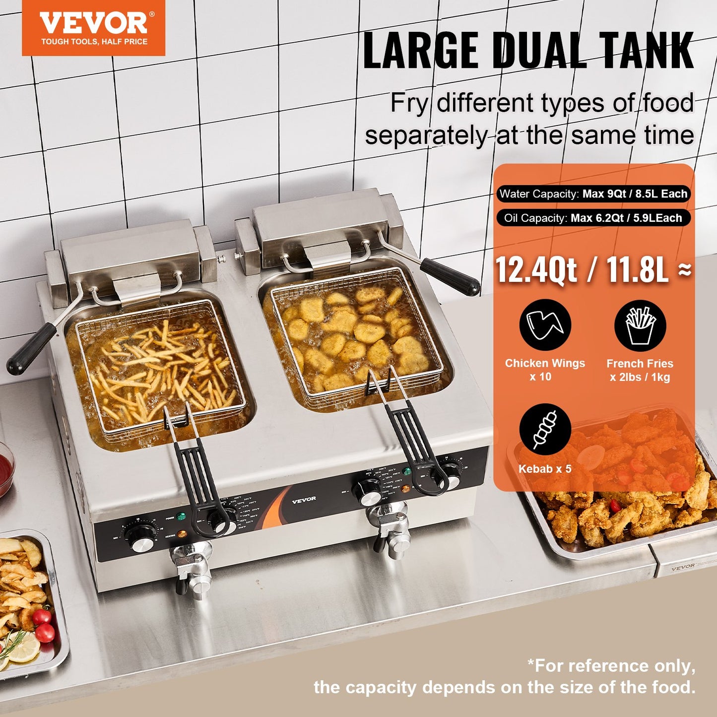 Commercial Electric Deep Fryer Countertop Fryer 3000W Double Tank 2x9Qt/8.5L