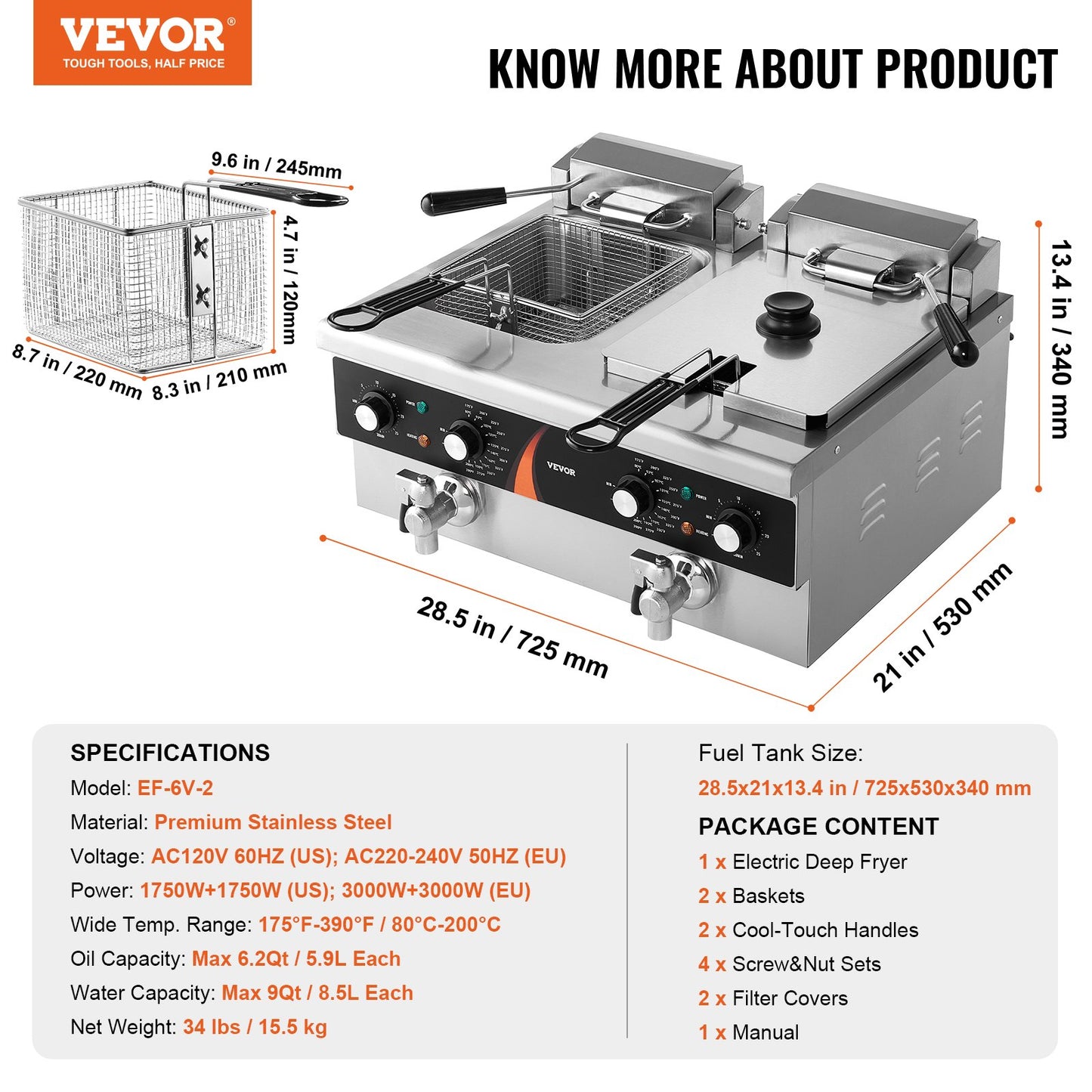 Commercial Electric Deep Fryer Countertop Fryer 3000W Double Tank 2x9Qt/8.5L