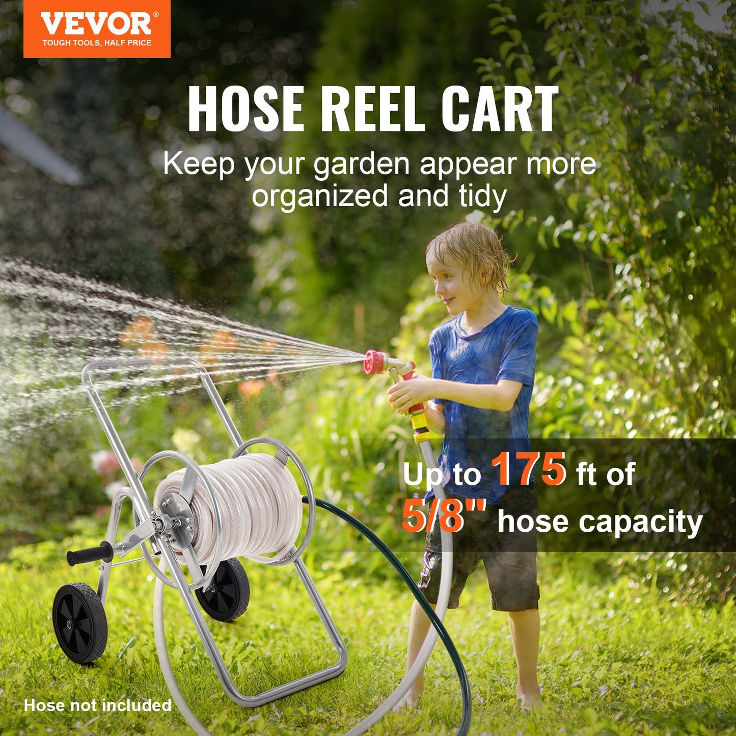 Hose Reel Cart, Holds Up to 175 Feet of 5/8'' Hose (Hose Not Included), Garden Water Hose Carts Mobile Tools with Wheels, Heavy Duty Powder Coated Steel Outdoor Planter for Garden, Yard, Lawn