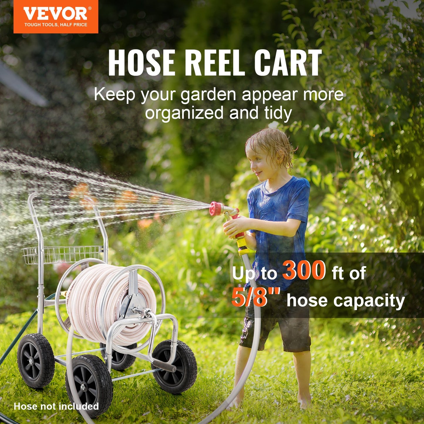Hose Reel Cart, Holds Up to 300 Feet of 5/8'' Hose, Garden Water Hose Carts Mobile Tools with 4 Wheels, Heavy Duty Powder Coated Steel Outdoor Planter with Storage Basket, for Garden, Yard, Lawn