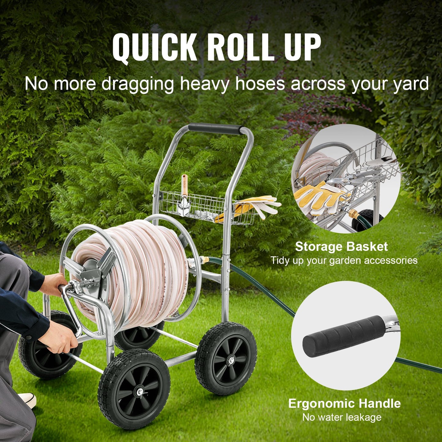 Hose Reel Cart, Holds Up to 300 Feet of 5/8'' Hose, Garden Water Hose Carts Mobile Tools with 4 Wheels, Heavy Duty Powder Coated Steel Outdoor Planter with Storage Basket, for Garden, Yard, Lawn