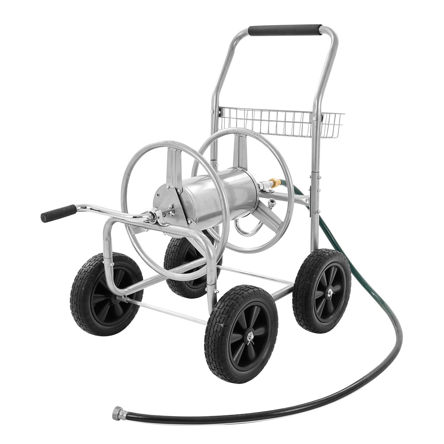 Hose Reel Cart, Holds Up to 300 Feet of 5/8'' Hose, Garden Water Hose Carts Mobile Tools with 4 Wheels, Heavy Duty Powder Coated Steel Outdoor Planter with Storage Basket, for Garden, Yard, Lawn