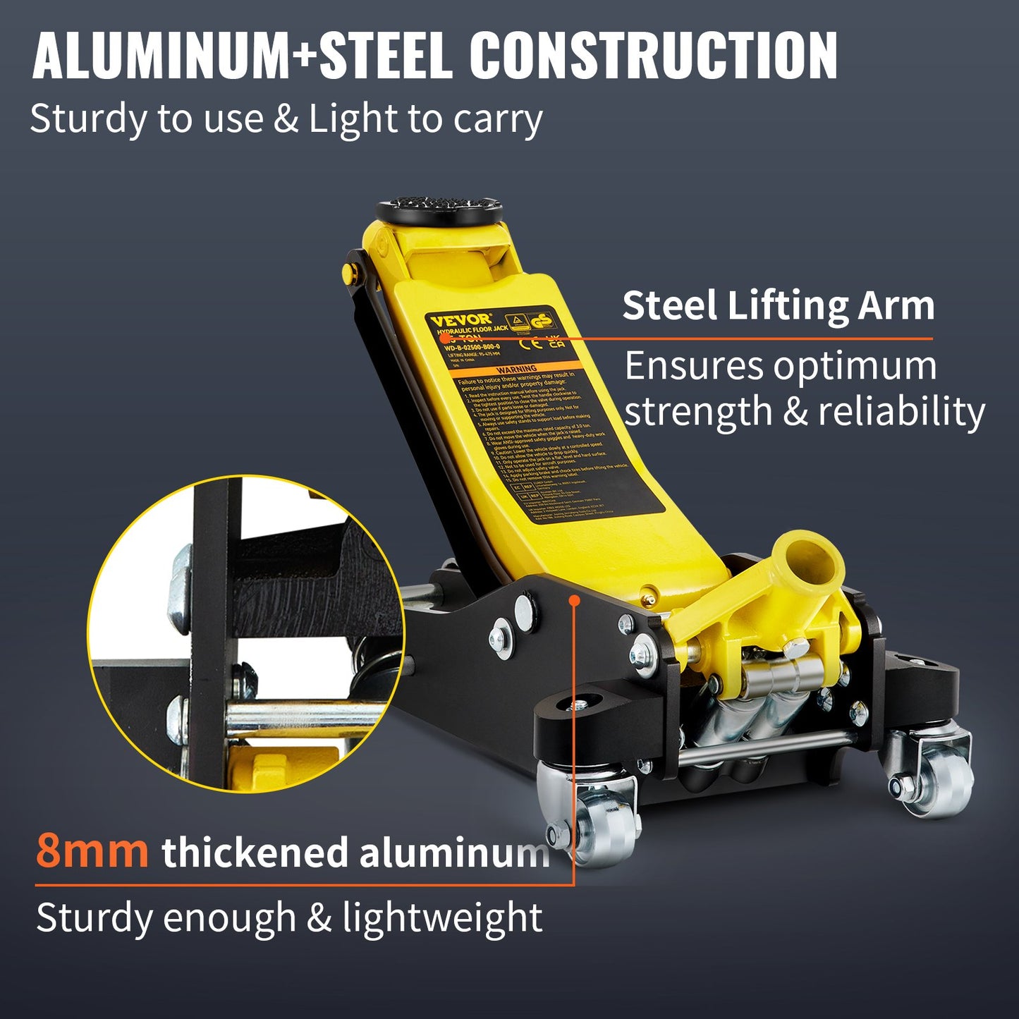 Floor jack, 2.5 ton low profile floor jack, aluminum and steel racing floor jack with dual piston quick lift pump, floor jack lifting range 95 mm-475 mm