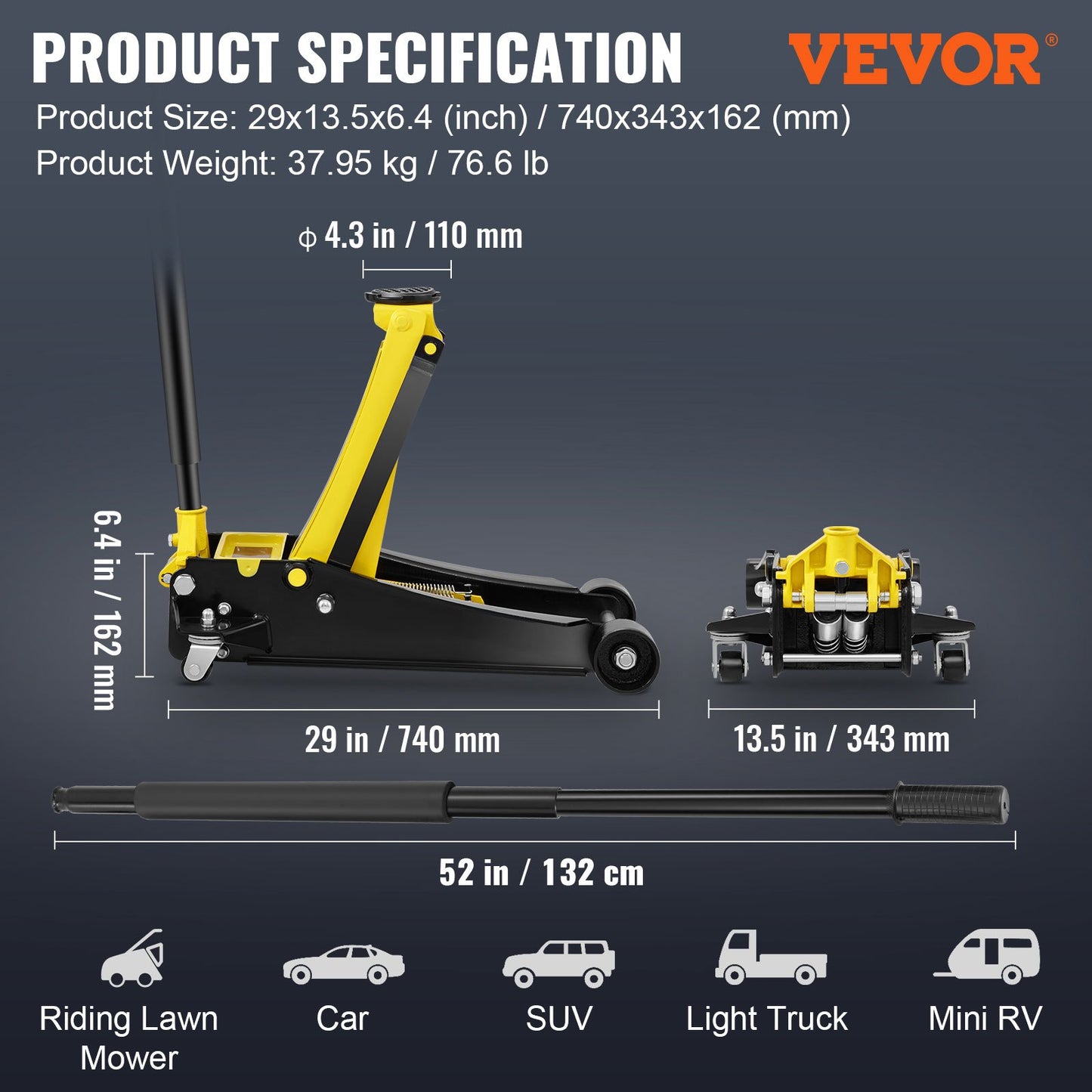 Low Profile Golvjack 4 Ton Heavy Duty Steel Dual Piston Rapid Pump