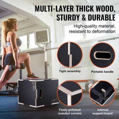 3 i 1 Plyometric Jump Box, 20/18/16 tums Plyo Box, Platform & Jumping Agility Box, Anti-Slip Fitness Exercise Step Up Box för hemmagymträning, konditionsstyrketräning, svart | EU