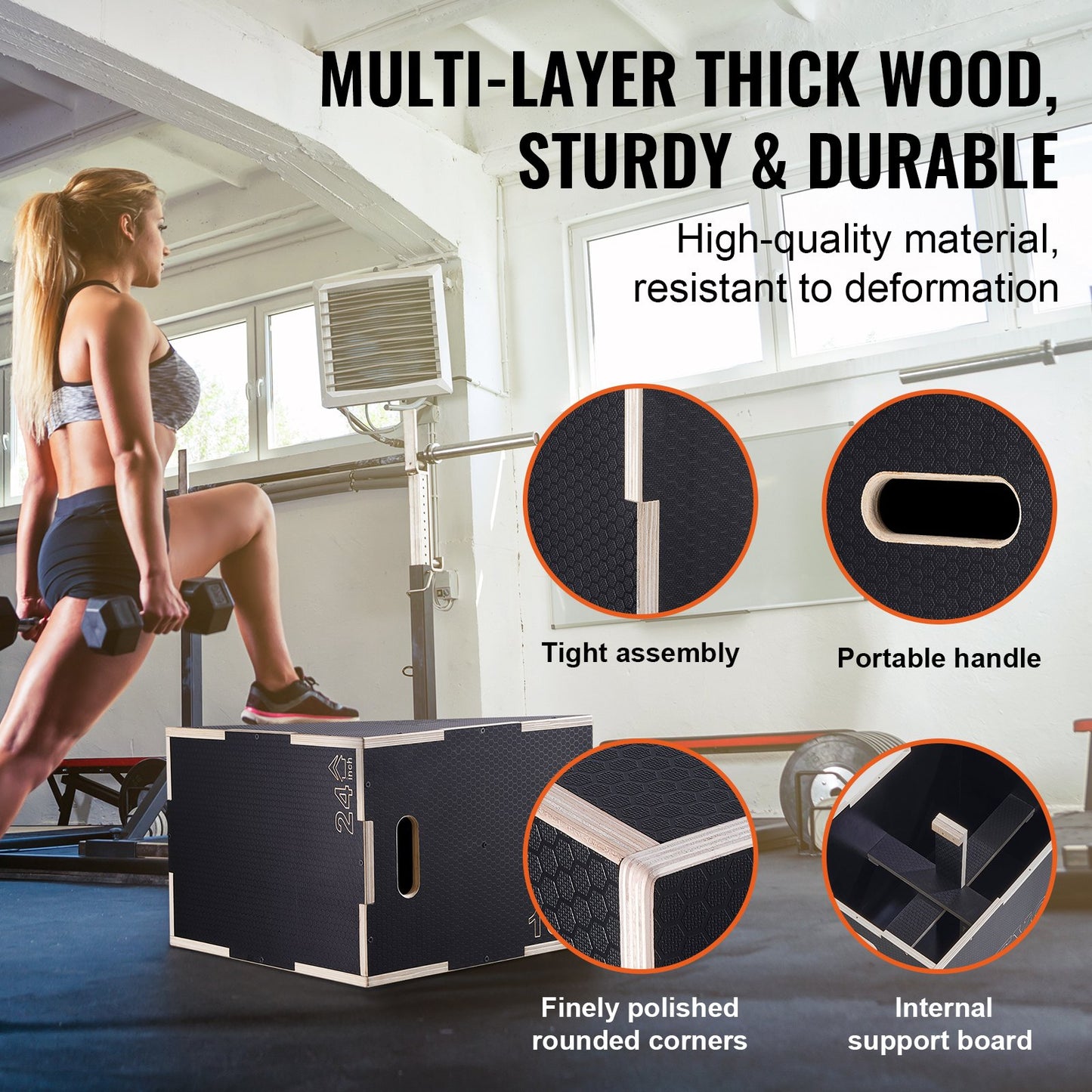 3 in 1 Plyometric Jump Box, 24/20/16 inch Plyo Box, Platform & Jumping Agility Box, Anti-Slip Fitness Exercise Step Up Box for Home Gym Workout, Cardio Strength Training, Black