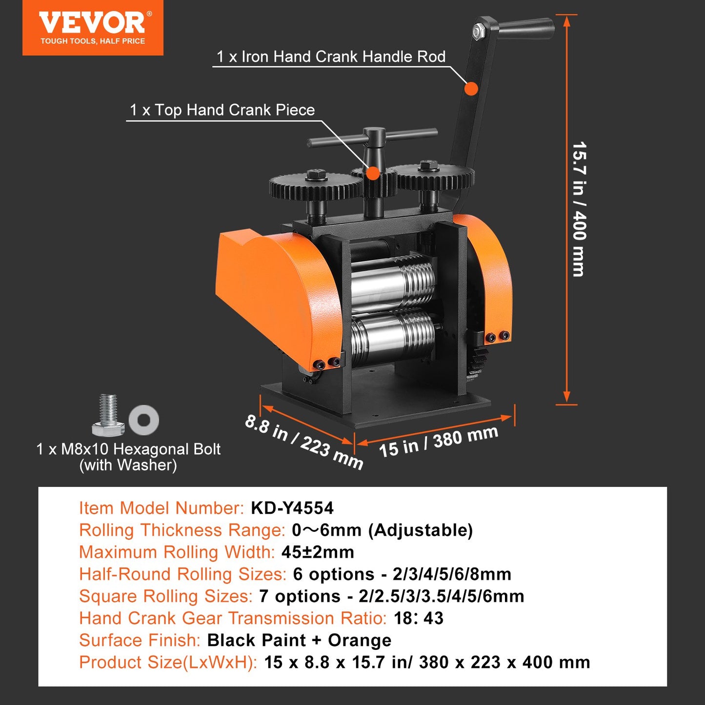 Valsverk, 1,77"/45 mm smyckesvalsmaskin, 1: 2,4 utväxlingsförhållande, 3-i-1 multifunktionsvalsverk, 0-6 mm presstjocklek för tillverkning av metallsmycken Plåt fyrkantig tråd halvcirkel