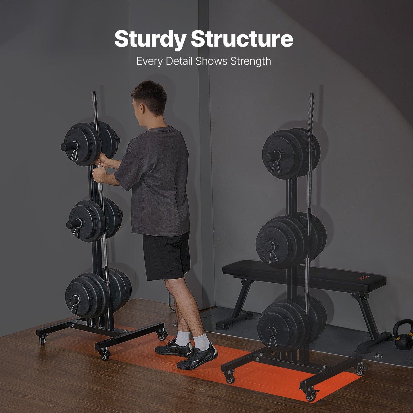 Vertikales Hantelscheiben-Rack für das Heim-Fitnessstudio, Langhantel-Aufbewahrung mit Rädern, 1000 lbs
