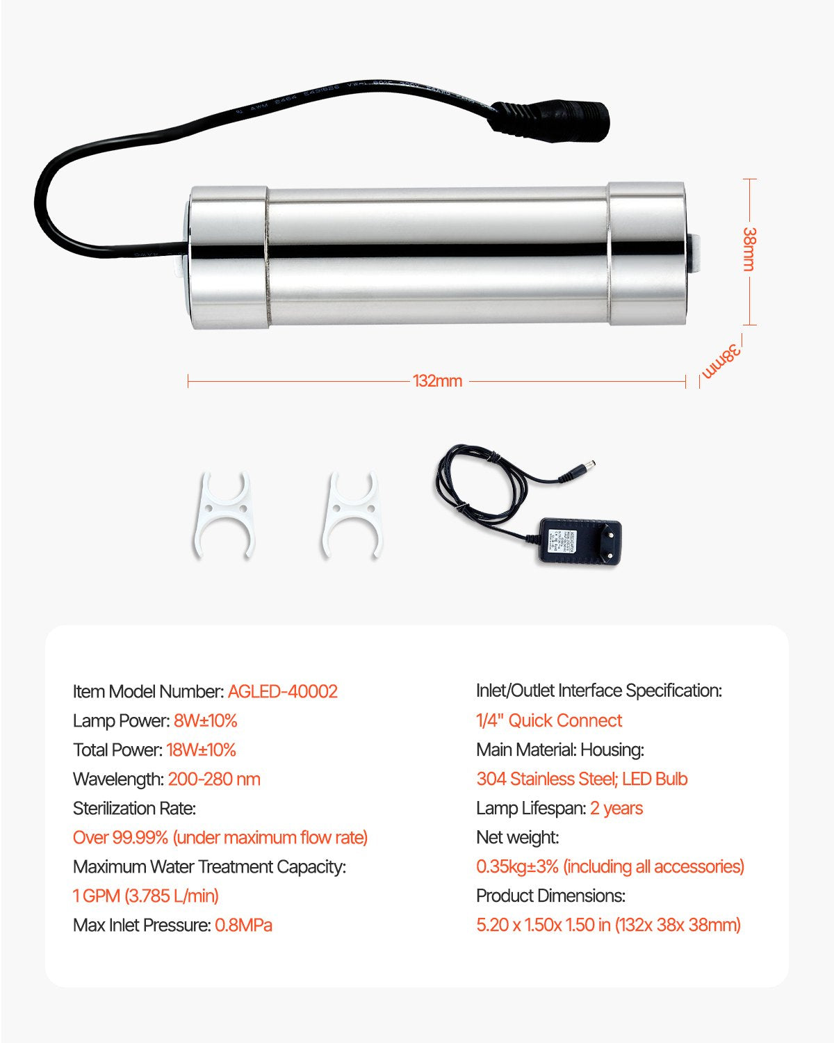 220V 8W UV Water Purifier 1GPM Ultraviolet Water Purifier Filter