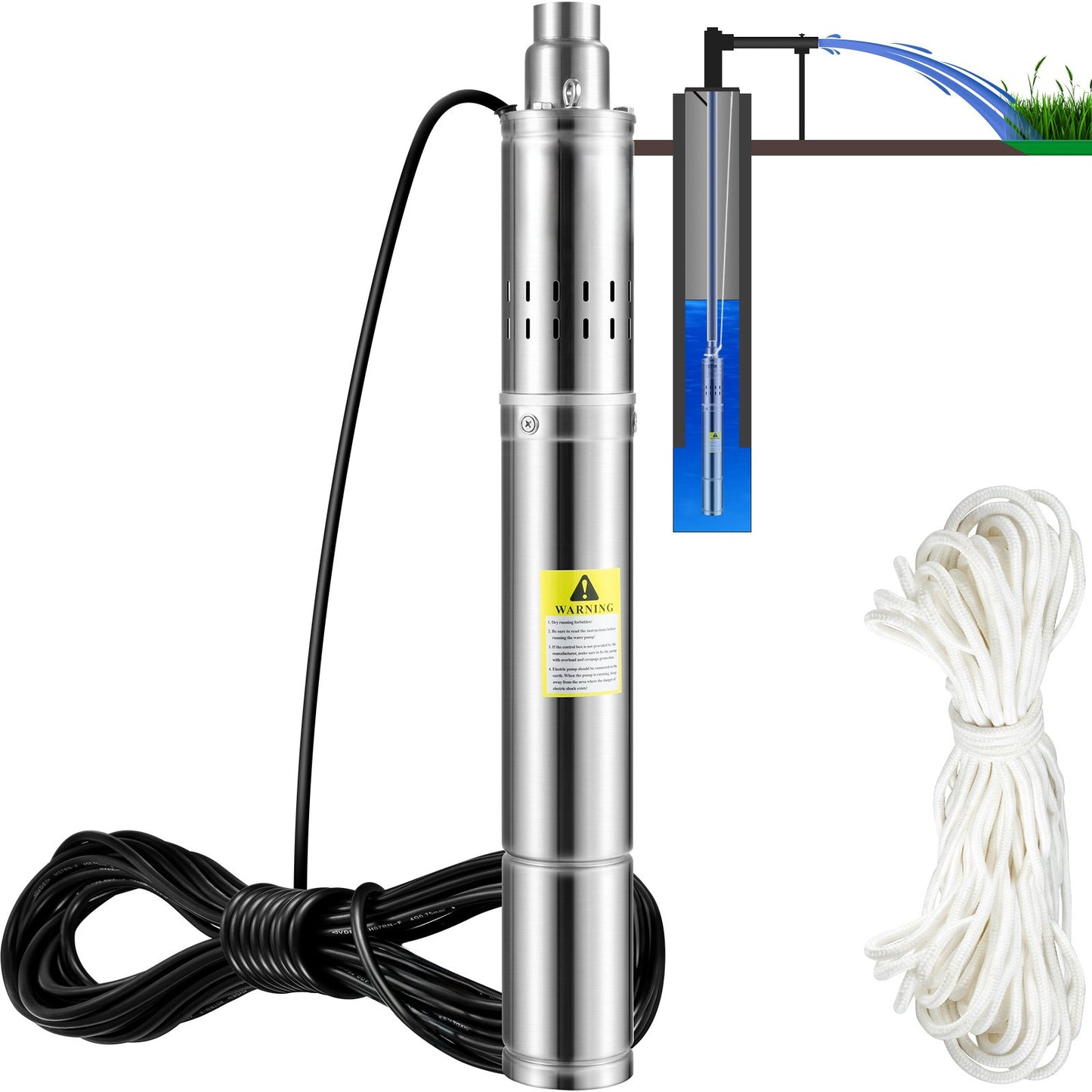 Dränkbar pump med djup brunn, 550W 230V/50Hz, 35L/min 108 m Huvud Sandbeständig <5%, 20 m elkabel, 7,6 cm vattenpumpar i rostfritt stål för industri, bevattning och hemmabruk, IP68 vattentät