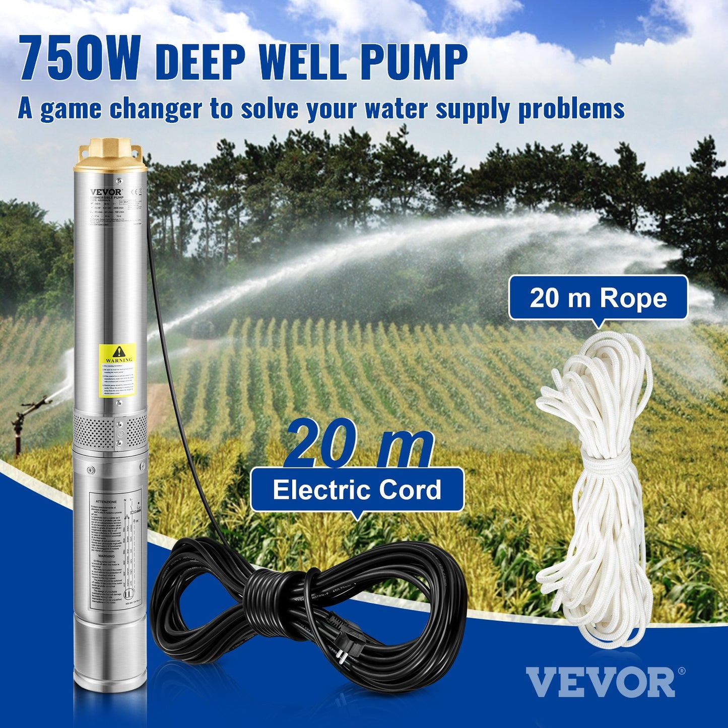 Dränkbar pump med djup brunn, 750W 230V/50Hz, 100L/min 66 m Huvud Sandbeständig <5%, 20 m elkabel, 7,6 cm vattenpumpar i rostfritt stål för industri, bevattning och hemmabruk, IP68 vattentät