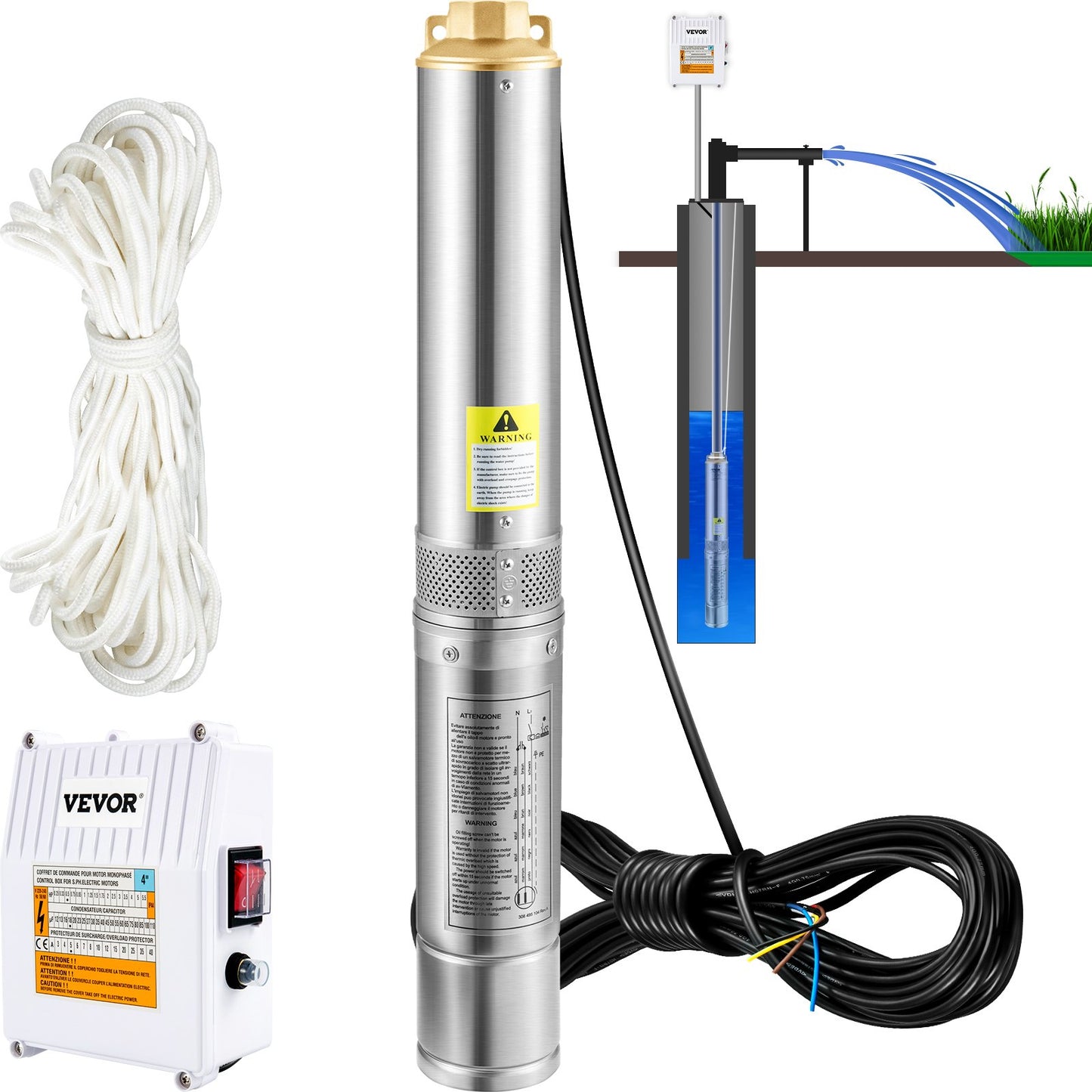 Dränkbar pump med djupa brunnar, 370W 230V/50Hz, 110L/min 44 m huvud, med 20 m sladd & extern kontrollbox, 10,2 cm vattenpumpar i rostfritt stål för industri, bevattning och hemmabruk, IP68 vattentät