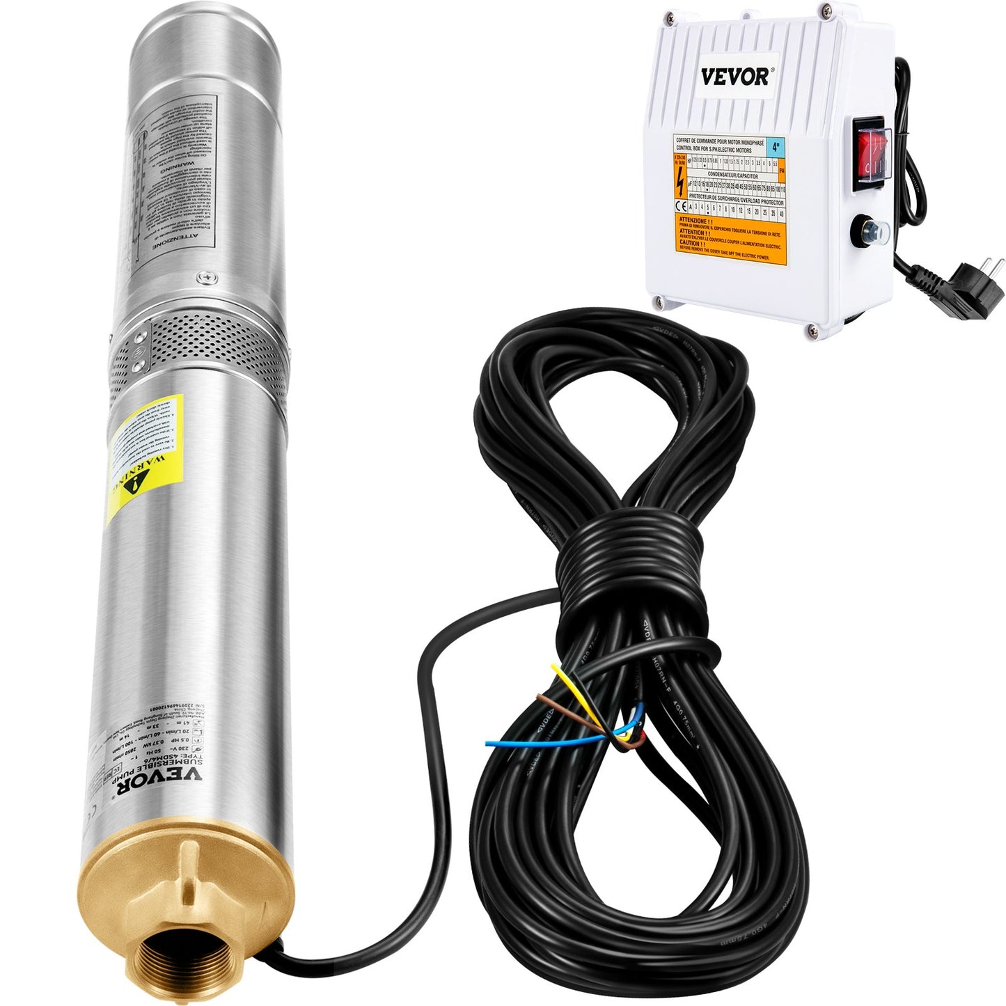 Dränkbar pump med djupa brunnar, 370W 230V/50Hz, 110L/min 44 m huvud, med 20 m sladd & extern kontrollbox, 10,2 cm vattenpumpar i rostfritt stål för industri, bevattning och hemmabruk, IP68 vattentät