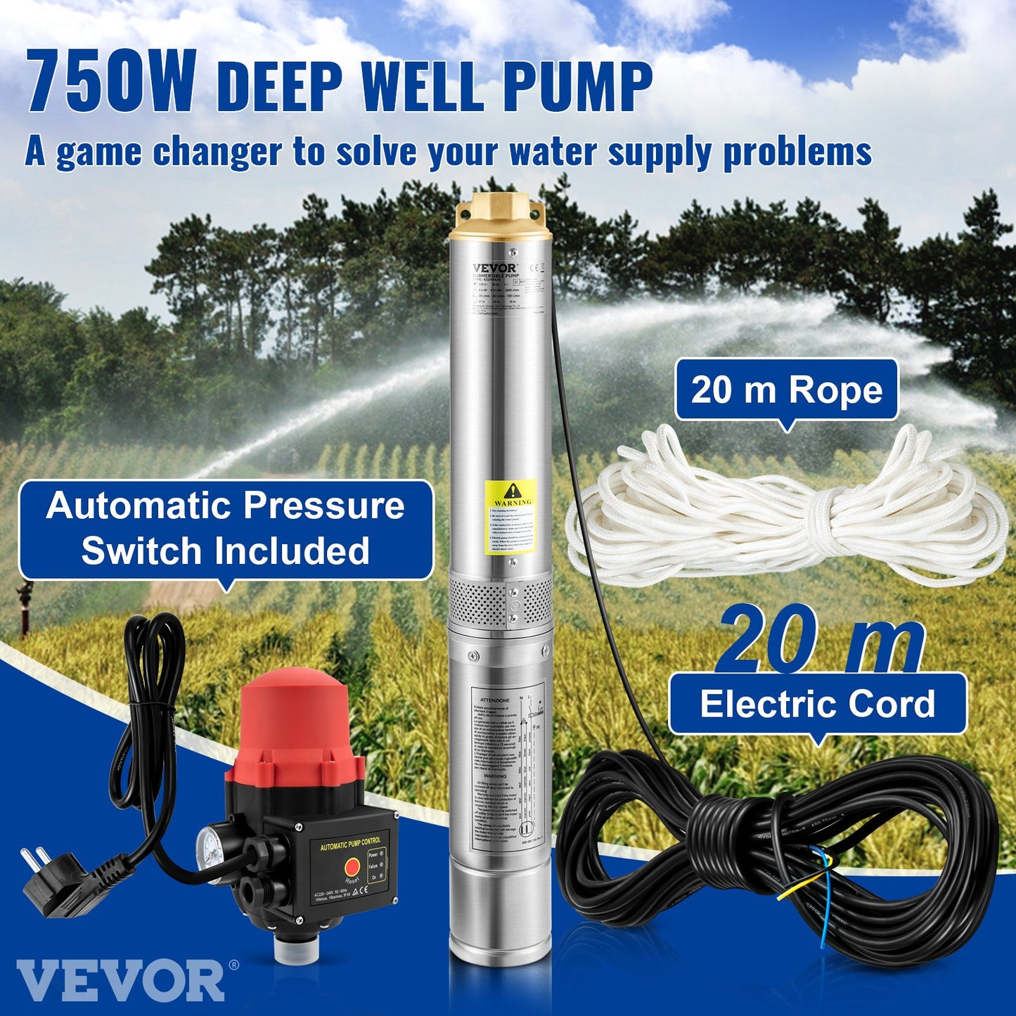 Dränkbar pump med djup brunn, 750W 230V/50Hz, 105L/min 62 m huvud, 20 m sladd och automatisk tryckbrytare, 8,9 cm vattenpumpar i rostfritt stål för industri, bevattning och hemmabruk, IP68 vattentät