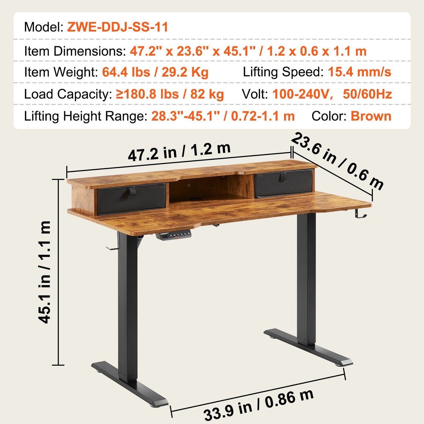 Höjdjusterbart skrivbord, 47,2" x 23,6" Elektrisk Dual Monitor Riser-arbetsstation, Helt skrivbordsbräda sitta att stå, 3-knappslägen Robust dubbel metallram, 180 LBS kapacitet för dator hem och kontor