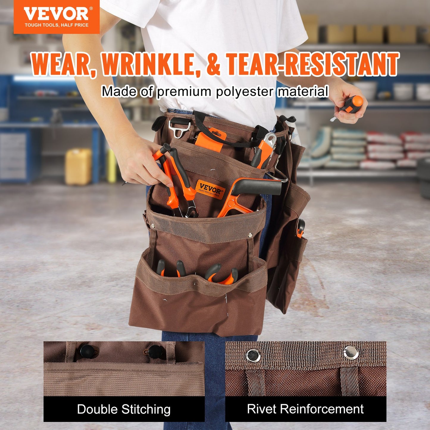 Verktygsbälte, 19 fickor, Justerbar från 32 tum till 54 tum, Polyester Heavy Duty verktygsväska, löstagbar verktygsväska för elektriker, snickare, hantverkare, träarbetare, konstruktion, ram, brun