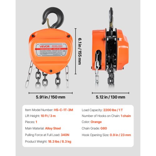 handtelfer, 1 ton 900 kg kapacitet, manuell kedjeblock med uppgradering G80 galvaniserad kedja, 3 m lyfthöjd, kraftig remskivetelfer för garage, lager, fordonsmaskiner, orange | EU