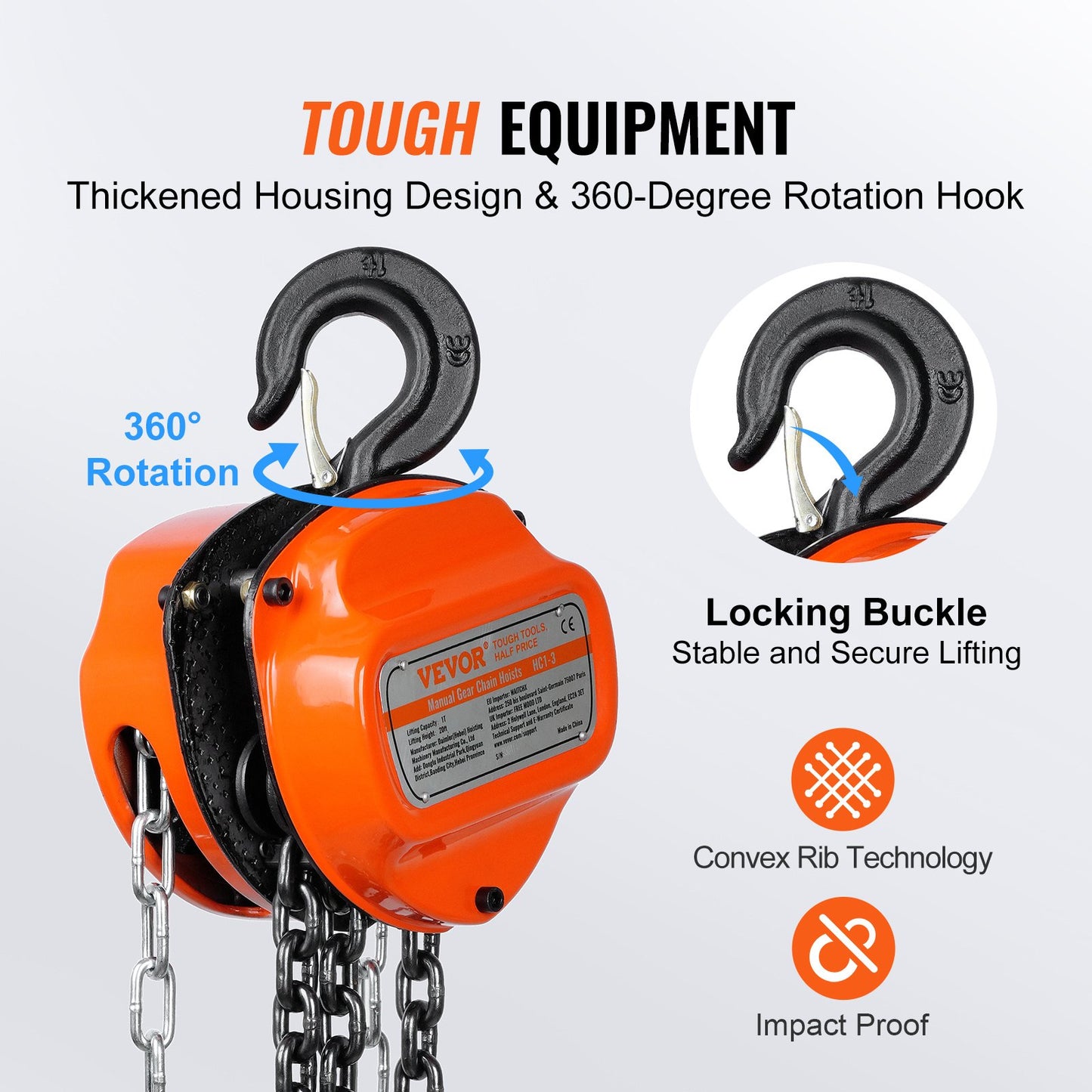 Manual Chain Hoist, 1 Ton 2200 lbs Capacity 20 FT Come Along, G80 Galvanized Carbon Steel with Double Lock Brake, Automatic Chain Guide and 360° Rotating Hook, for Garage Factory Dock