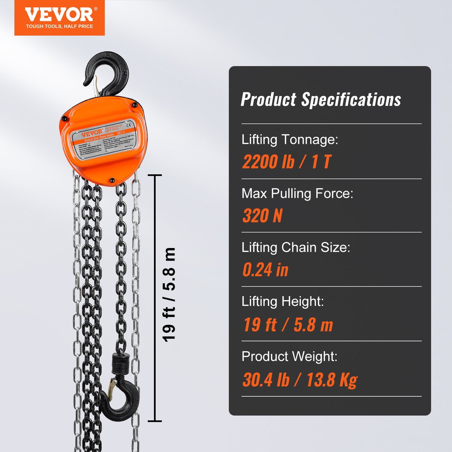 Manual Chain Hoist, 1 Ton 2200 lbs Capacity 20 FT Come Along, G80 Galvanized Carbon Steel with Double Lock Brake, Automatic Chain Guide and 360° Rotating Hook, for Garage Factory Dock
