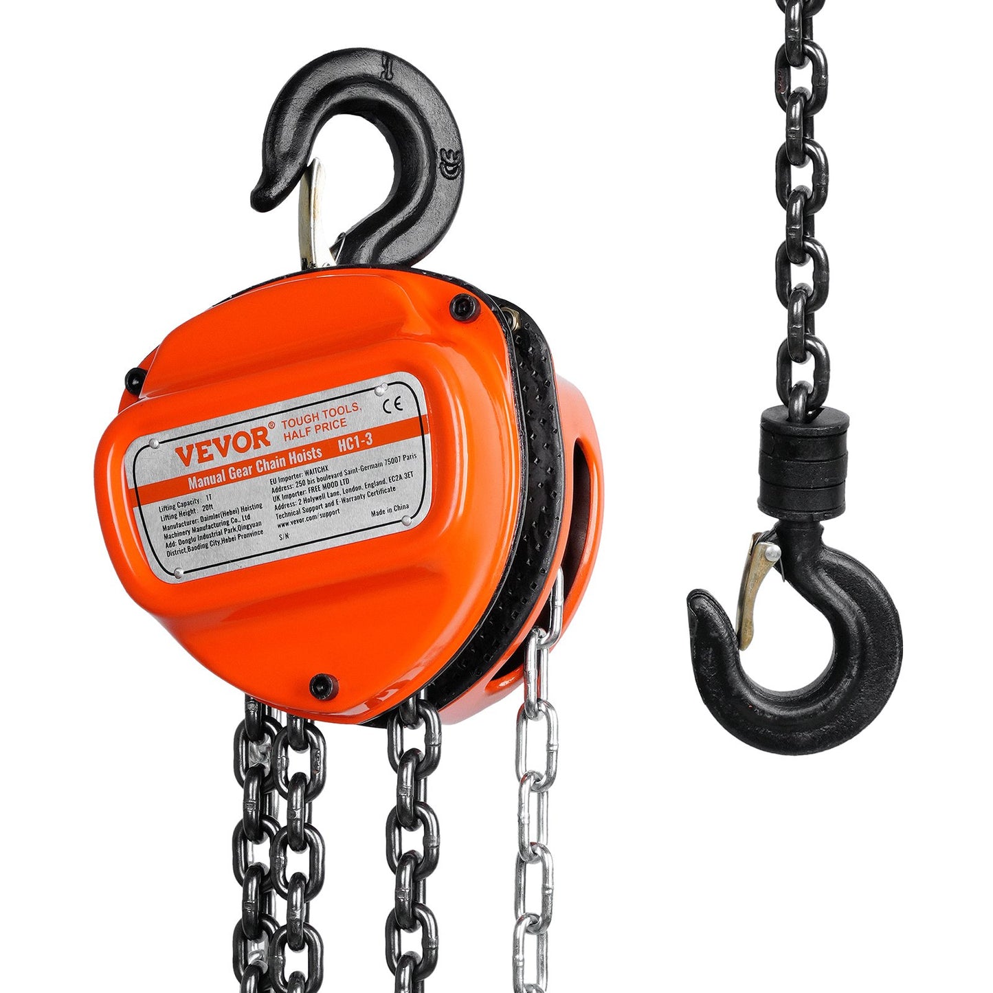 Manual Chain Hoist, 1 Ton 2200 lbs Capacity 20 FT Come Along, G80 Galvanized Carbon Steel with Double Lock Brake, Automatic Chain Guide and 360° Rotating Hook, for Garage Factory Dock