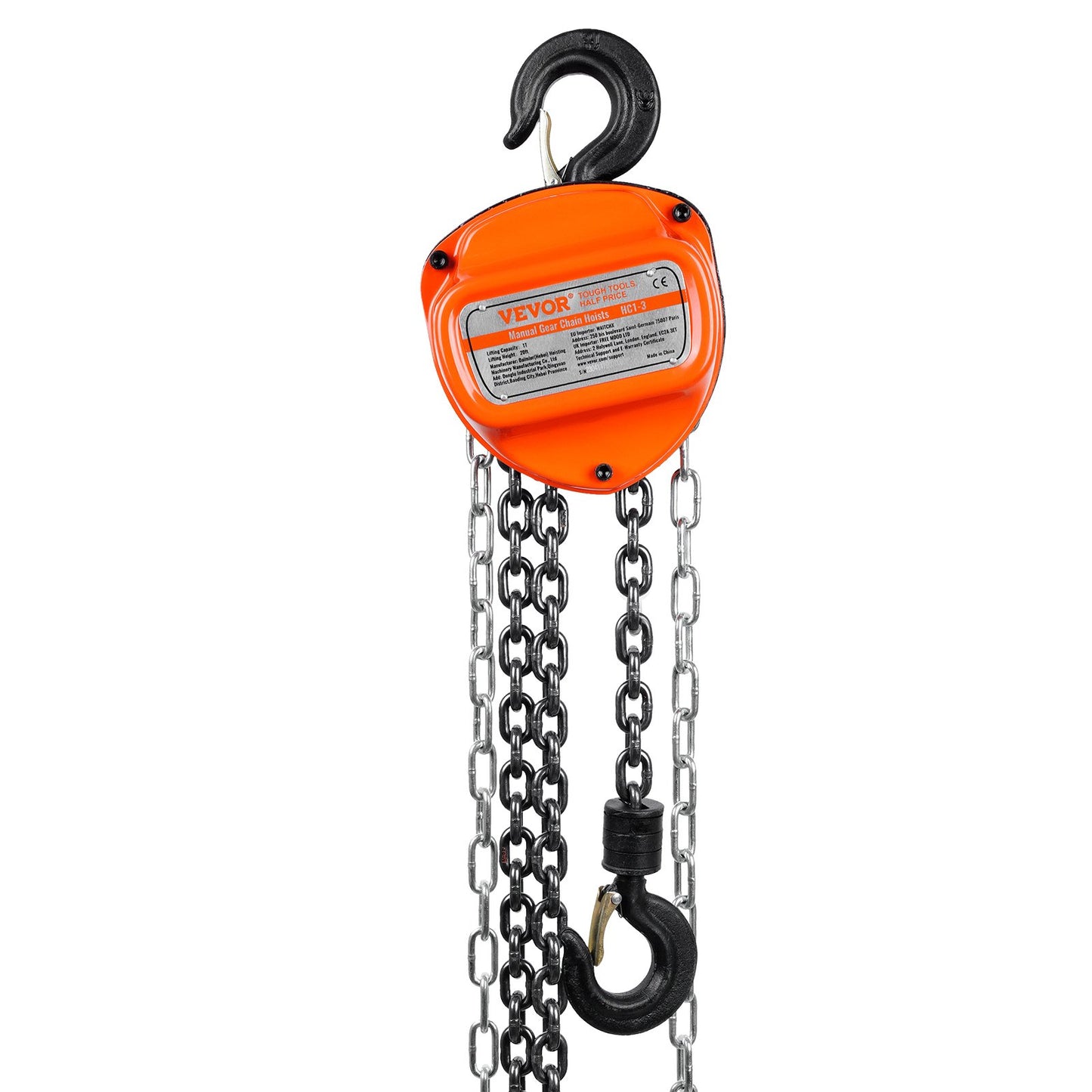 Manual Chain Hoist, 1 Ton 2200 lbs Capacity 20 FT Come Along, G80 Galvanized Carbon Steel with Double Lock Brake, Automatic Chain Guide and 360° Rotating Hook, for Garage Factory Dock