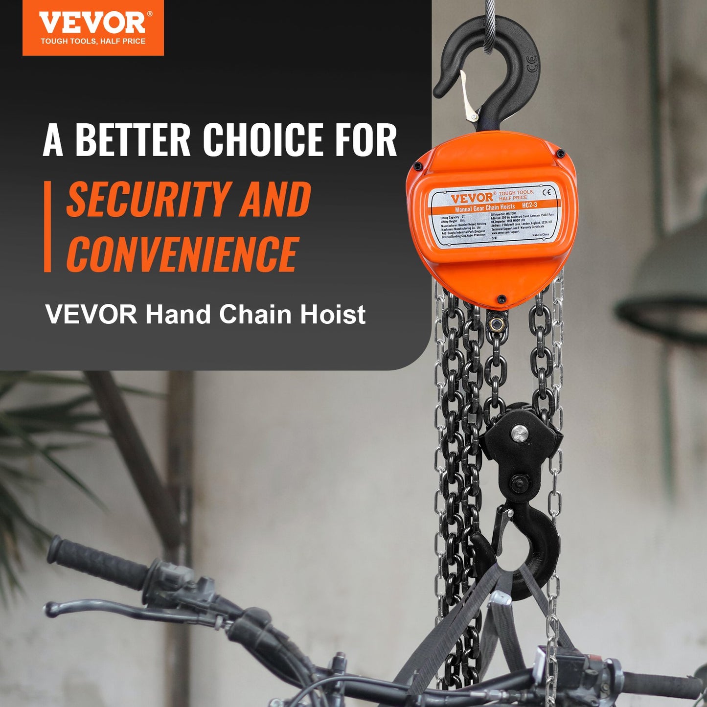 Manual Chain Hoist, 2 Ton 4400 lbs Capacity 10 FT Come Along, G80 Galvanized Carbon Steel with Double Lock Brake, Automatic Chain Guide and 360° Rotating Hook, for Garage Factory Dock