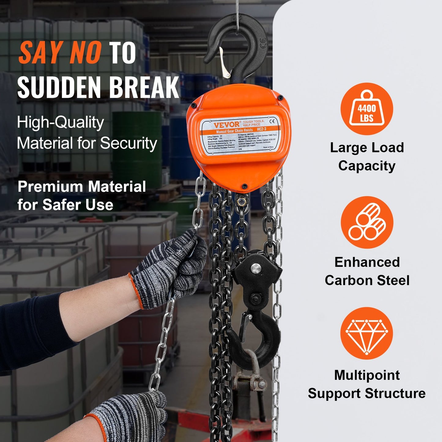 Manual Chain Hoist, 2 Ton 4400 lbs Capacity 10 FT Come Along, G80 Galvanized Carbon Steel with Double Lock Brake, Automatic Chain Guide and 360° Rotating Hook, for Garage Factory Dock