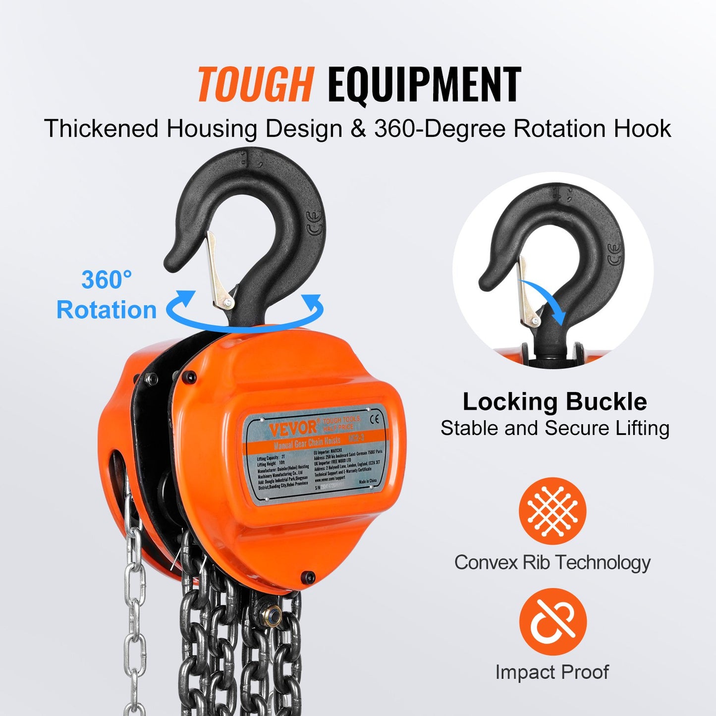 Manual Chain Hoist, 2 Ton 4400 lbs Capacity 10 FT Come Along, G80 Galvanized Carbon Steel with Double Lock Brake, Automatic Chain Guide and 360° Rotating Hook, for Garage Factory Dock
