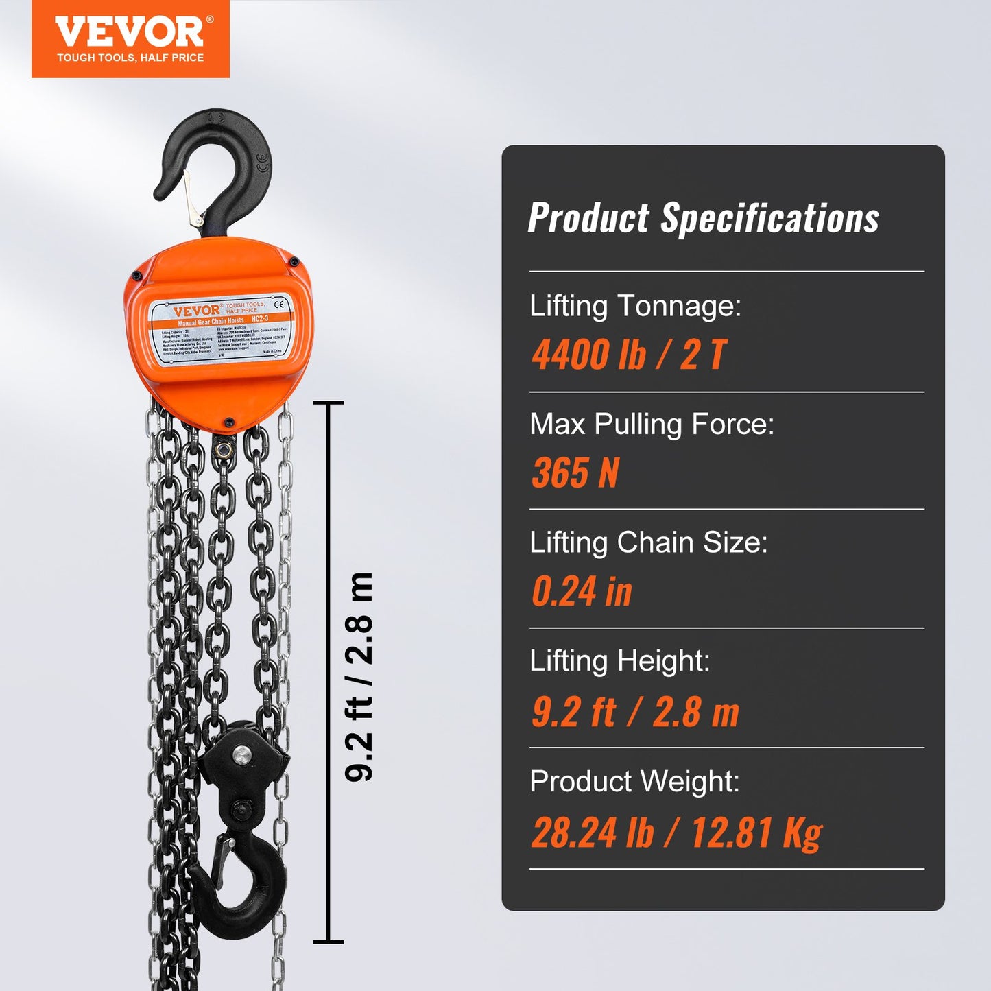 Manual Chain Hoist, 2 Ton 4400 lbs Capacity 10 FT Come Along, G80 Galvanized Carbon Steel with Double Lock Brake, Automatic Chain Guide and 360° Rotating Hook, for Garage Factory Dock