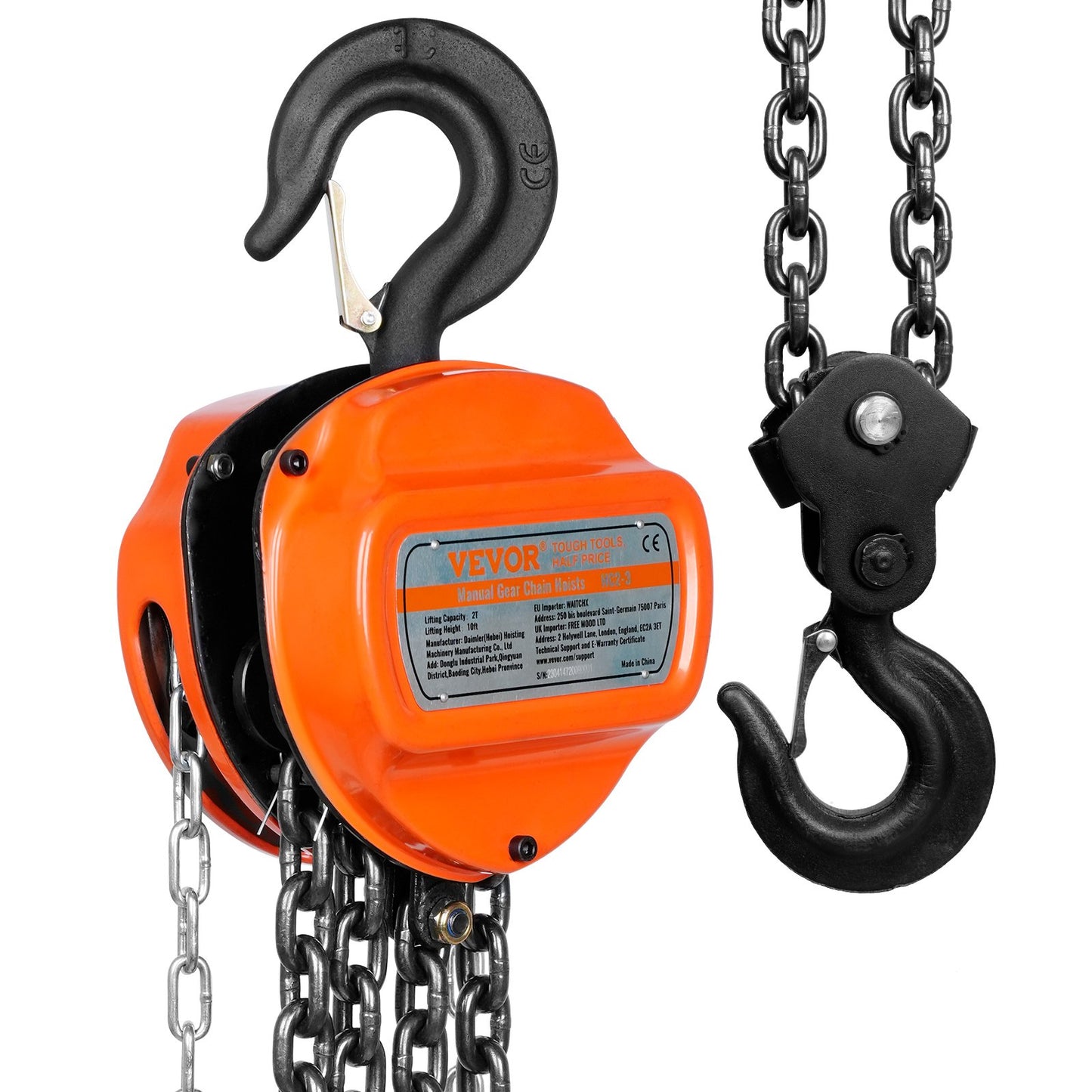 Manual Chain Hoist, 2 Ton 4400 lbs Capacity 10 FT Come Along, G80 Galvanized Carbon Steel with Double Lock Brake, Automatic Chain Guide and 360° Rotating Hook, for Garage Factory Dock