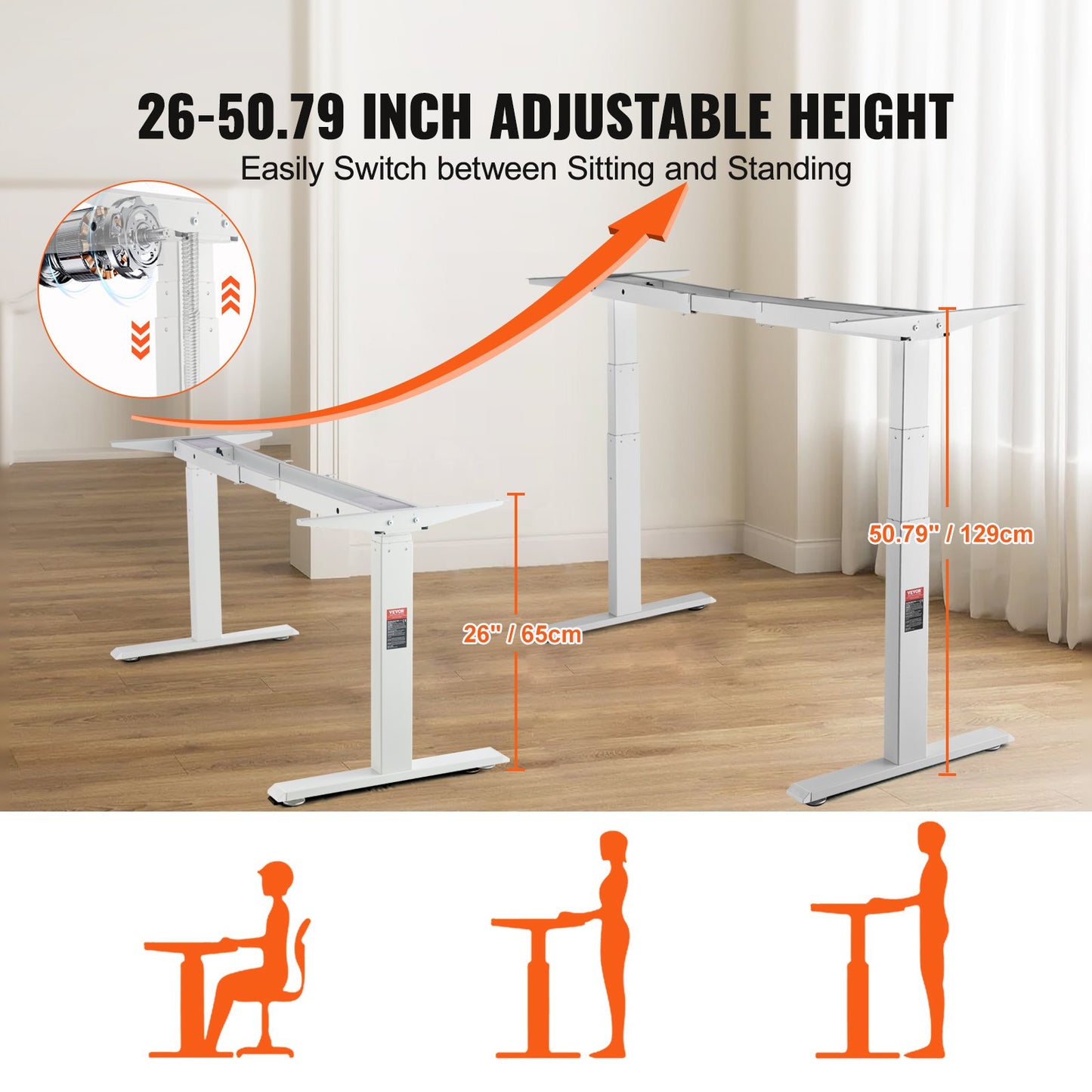Elektrisk Ståbordsram Dubbelmotor Justerbar 66-129cm H Vit