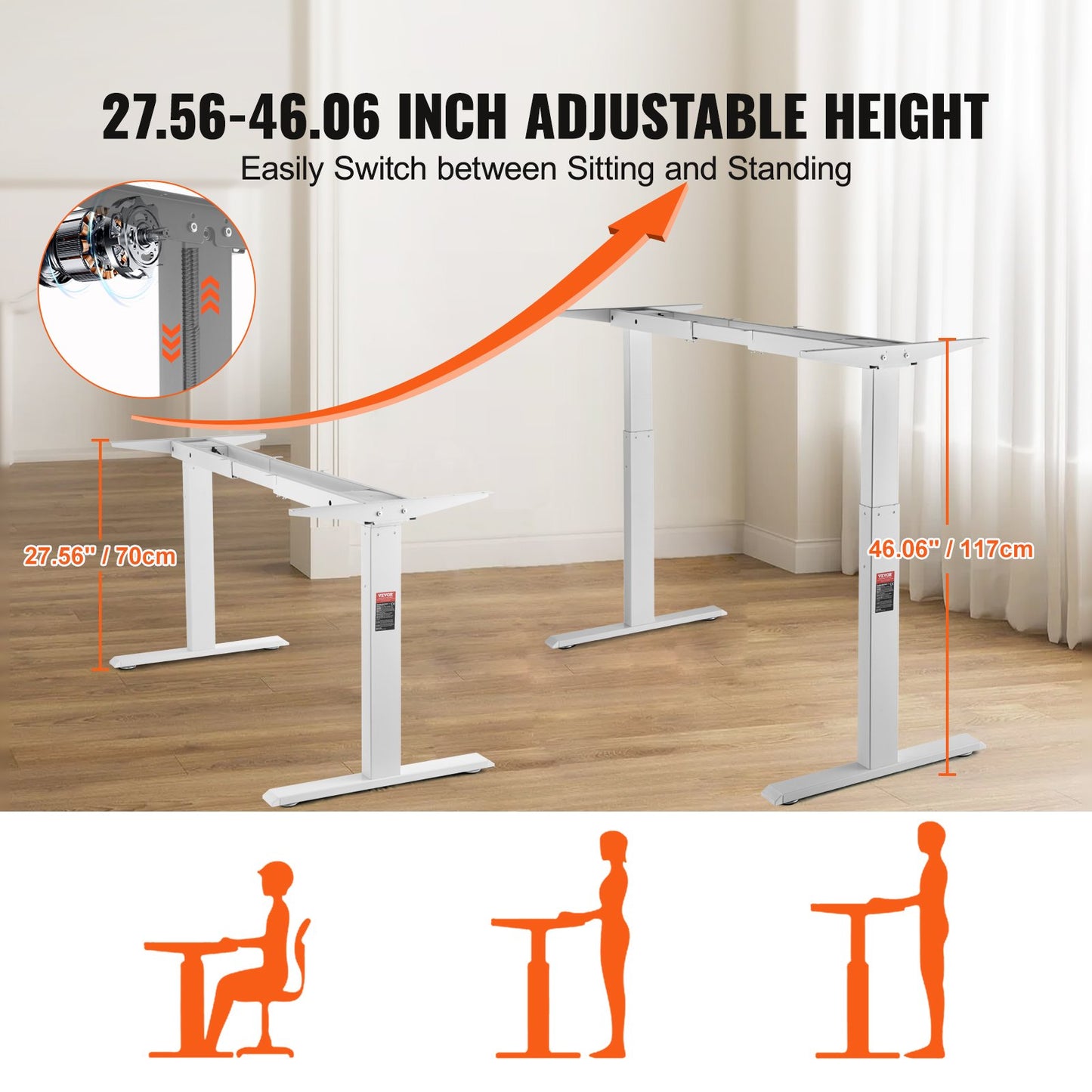 Stående skrivbordsram Dubbel motor, justerbar 27,6"-46,1" höjd & 43,3"-70,1" längd Elektrisk stativ dator skrivbordsben, ergonomisk DIY-arbetsstationsbas för hem och kontor (endast vit ram)