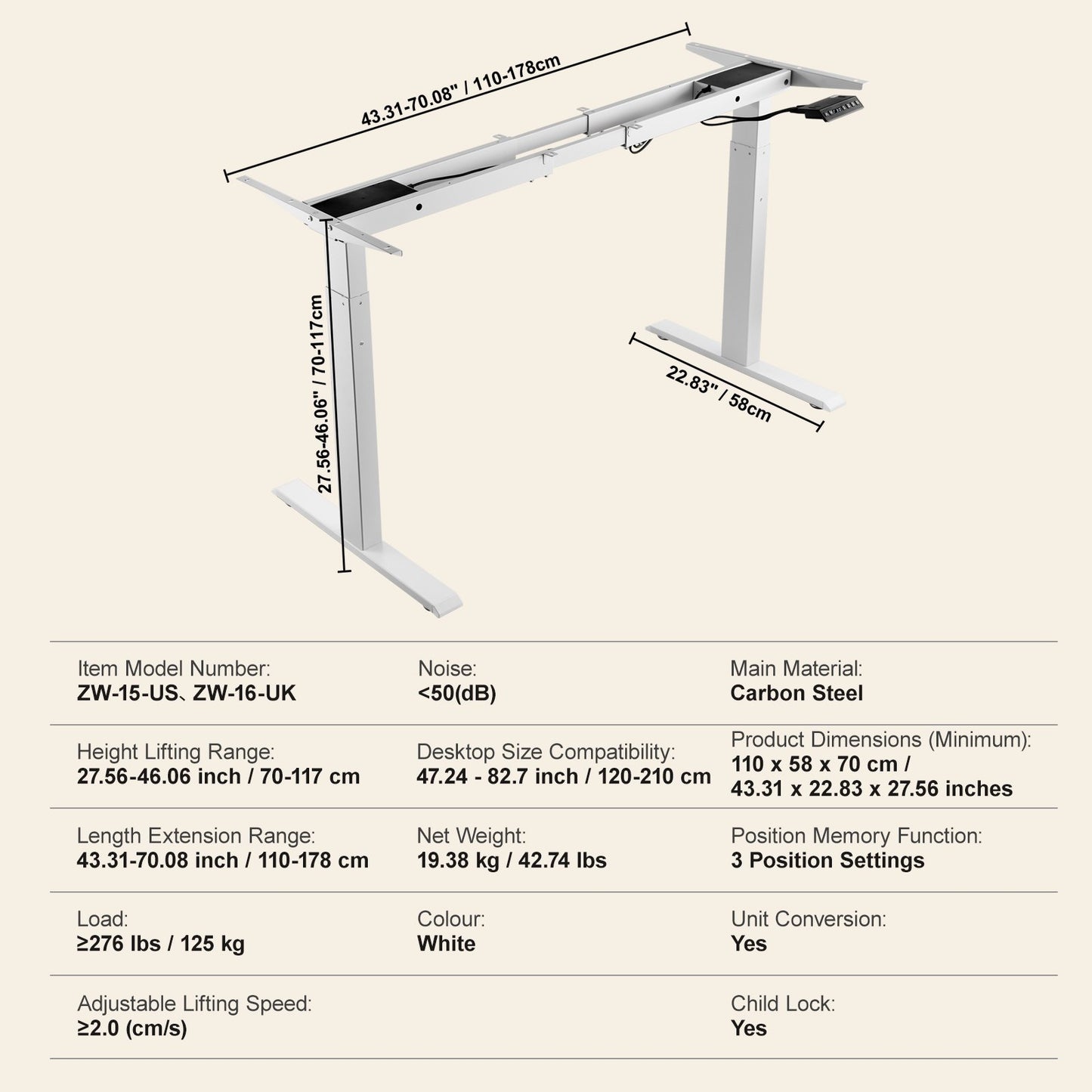Stående skrivbordsram Dubbel motor, justerbar 27,6"-46,1" höjd & 43,3"-70,1" längd Elektrisk stativ dator skrivbordsben, ergonomisk DIY-arbetsstationsbas för hem och kontor (endast vit ram)