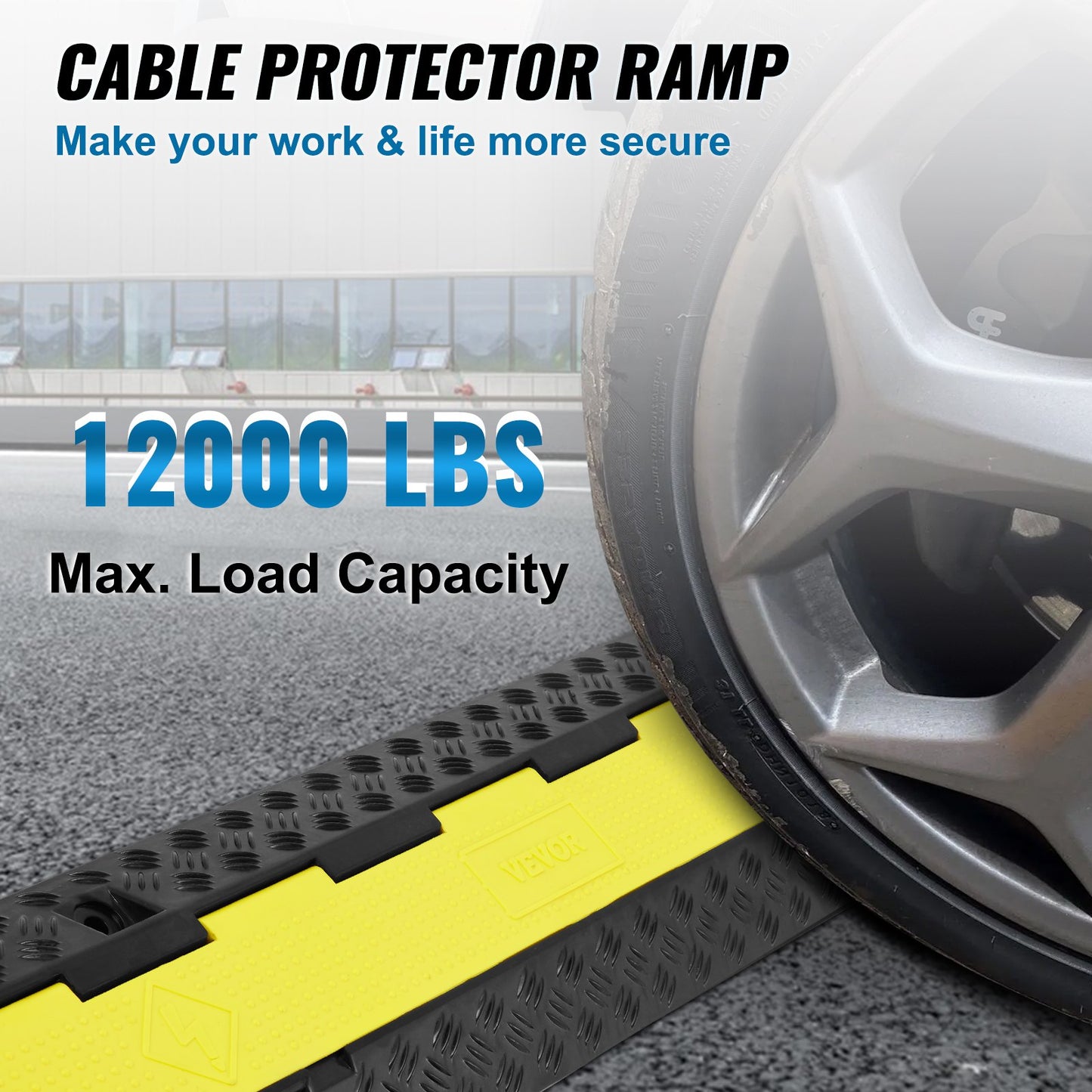 5 PCs Rubber Cable Protection Ramp, 2-Channel, 12,000 lbs/Axle Capacity Heavy Duty Hose Wire Protection Ramp Driveway, Traffic Speed Barrier with Flip-Open Top Cover and 50 Feet Warning Tape, for Indoor and Outdoor