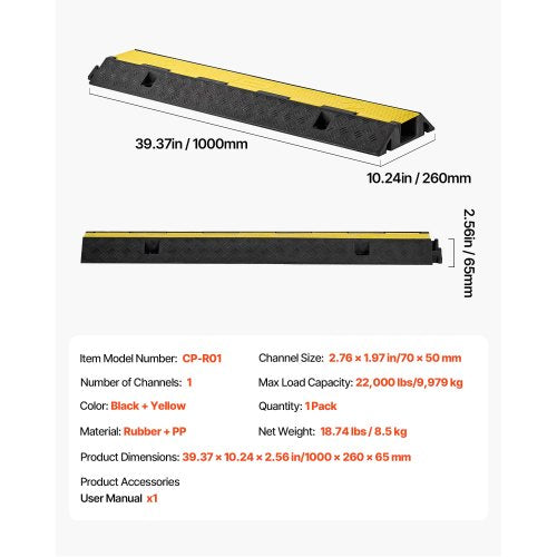 Kabelskyddsramp, 9 979 kg/axelkapacitet, 1 kanals kraftig gummisnöre, slangskydd, 70 x 50 mm kanal, trafikhinder med öppningsbart toppskydd, för inomhusbruk och utomhusbruk, 1-pack | EU