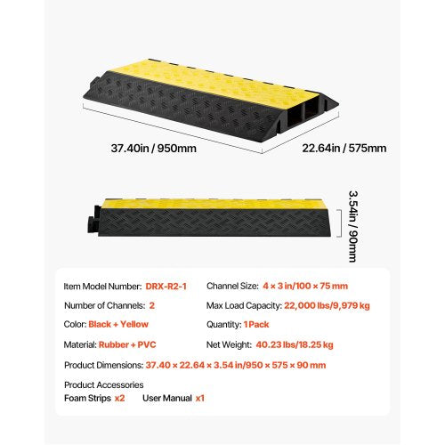 Kabelskyddsramp, 9 979 kg/axelkapacitet, 2-kanals kraftigt gummisnöre, slangskydd för slang, 100 x 75 mm kanal, farthinder med öppningsbart toppskydd, för inomhusbruk och utomhusbruk, 1-pack | EU