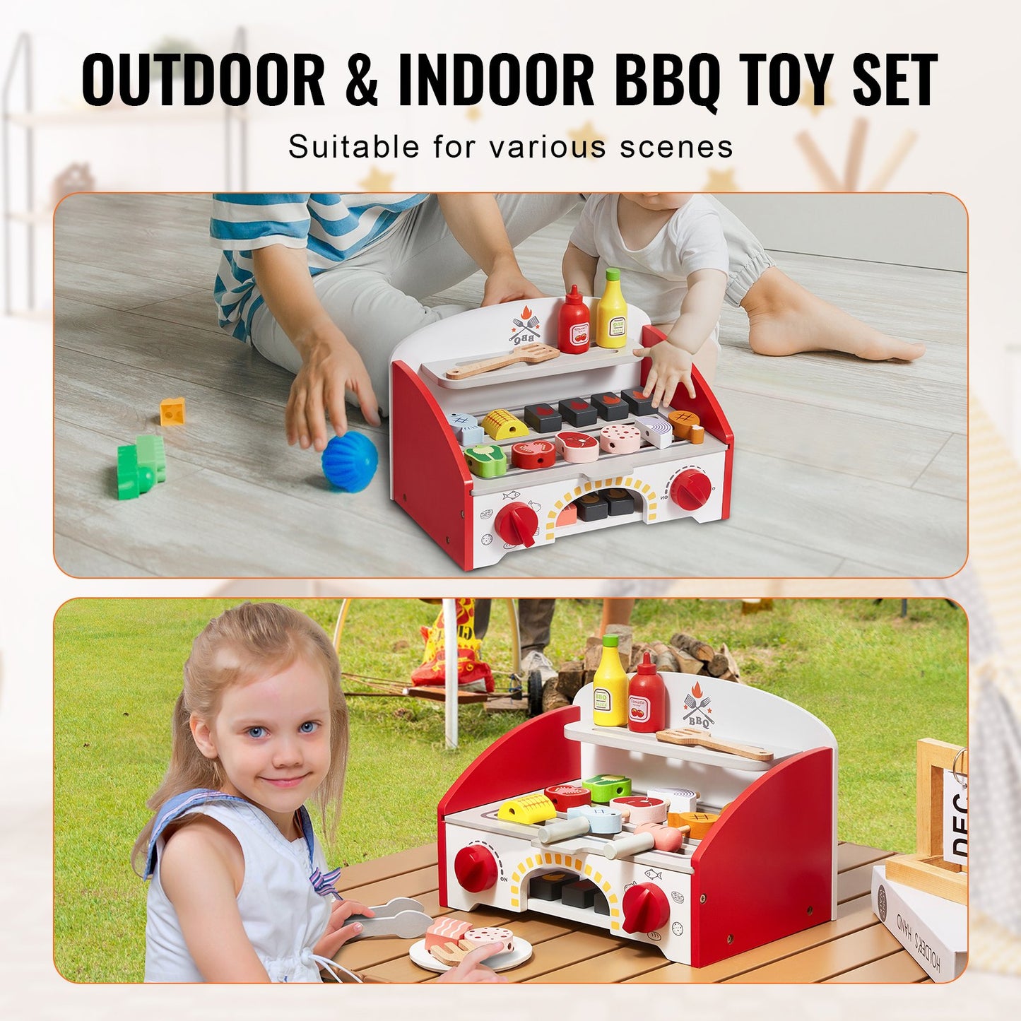26 ST Barn BBQ Grill Lekset Trä Matlagning Grill Leksaksset Låtsas ljud