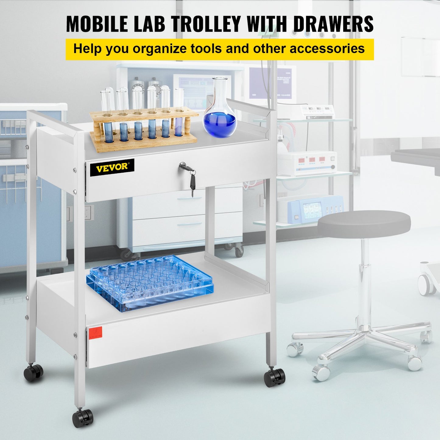 Lab Cart, 2 våningar rostfritt stål Utility Cart Medical Cart 2 lådor Rullande labbvagn Vit färg serveringsvagn med 360° hjul för laboratorie sjukhus Tandvårdssalong Skönhet