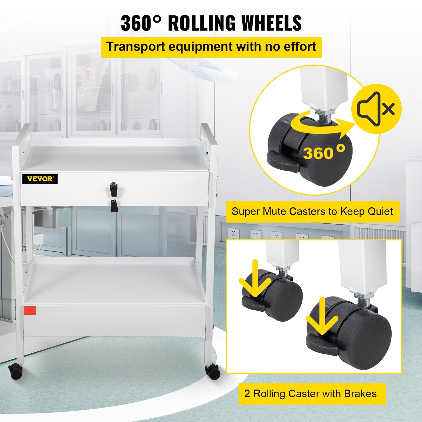 Lab Cart, 2 våningar rostfritt stål Utility Cart Medical Cart 2 lådor Rullande labbvagn Vit färg serveringsvagn med 360° hjul för laboratorie sjukhus Tandvårdssalong Skönhet